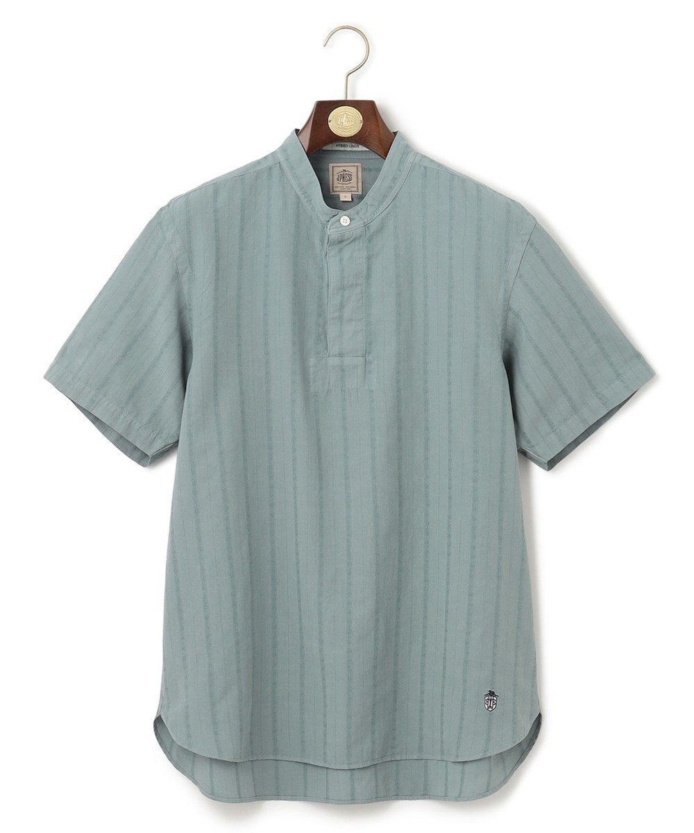 【ジェイ プレス/J.PRESS / MEN】の【HYBRID LINEN】ドビーストライプ バンドカラーラガーシャツ インテリア・キッズ・メンズ・レディースファッション・服の通販 founy(ファニー) 　ファッション　Fashion　メンズファッション　Fashion for Men　トップス・カットソー　Cut & Sew Tops　メンズシャツ　Shirts　春　Spring　吸水　Absorbent, Quick-Dry　ショート　Short, Short Length　定番　Standard, Basic Item　フロント　Front, Front Design　リネン　Linen, Linen Fabric　リラックス　Relax, Relaxed Fit　S/S・春夏　SS, Spring/Summer, Warm Season　夏　Summer　スモーキーグリーン系|ID: prp329100004776650 ipo3291000000034628553