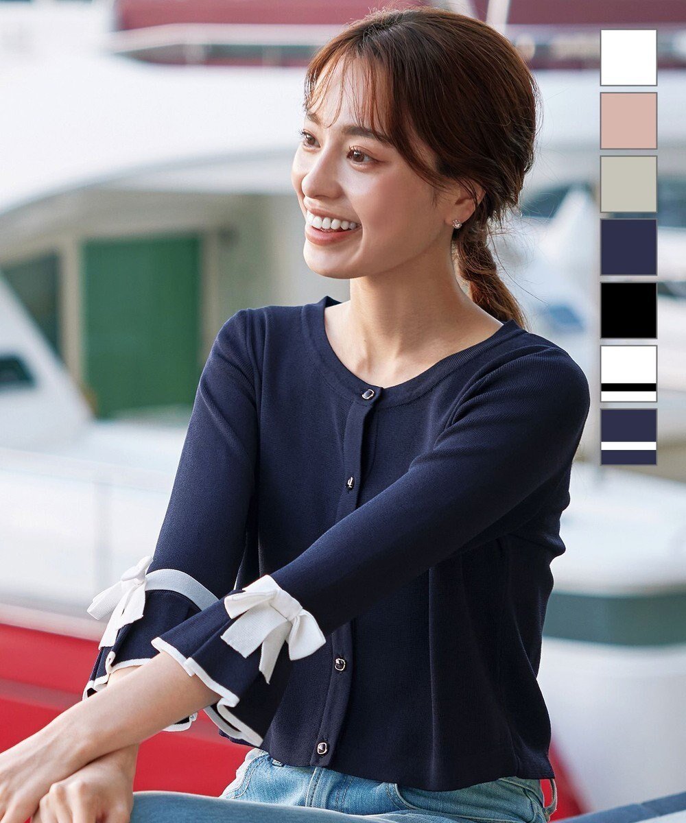 【ティアクラッセ/Tiaclasse】の【洗える】袖口フレアリボンニットカーディガン インテリア・キッズ・メンズ・レディースファッション・服の通販 founy(ファニー) ファッション Fashion レディースファッション Fashion for Women トップス・カットソー Cut & Sew Tops ニット Knit Tops & Sweaters カーディガン・羽織り Layered Style Cardigans カーディガン Cardigan, Knitwear クラシカル Classical, Vintage-Inspired スリーブ Sleeve, Long Sleeve / Short Sleeve チュニック Tunic, Long Top パーティ Party, Party Style フレア Flare, Flared ボレロ Bolero, Short Cardigan ポケット Pocket, Pocket Detail リボン Ribbon, Bow 二次会 After Party 再入荷 Restock / Back in Stock 夏 Summer 新作・新入荷 New Arrivals / New In 春 Spring S/S・春夏 SS, Spring/Summer, Warm Season 洗える Machine Washable ネイビー×オフホワイト|ID: prp329100004776775 ipo3291000000034629750