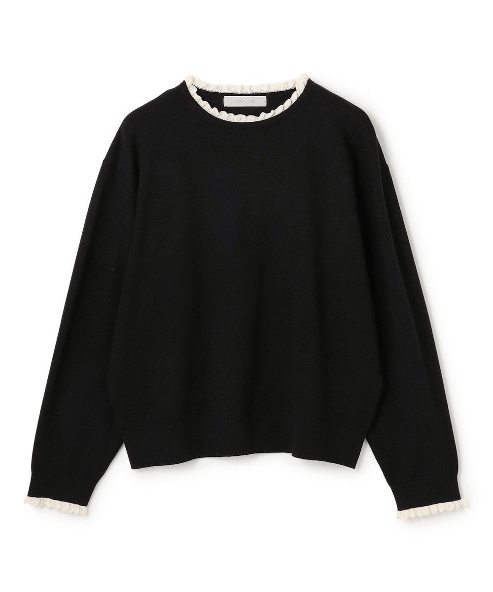 【アンフィーロ 自由区/UNFILO】のフリルトリミング ニット インテリア・キッズ・メンズ・レディースファッション・服の通販 founy(ファニー) ファッション Fashion レディースファッション Fashion for Women トップス・カットソー Cut & Sew Tops ニット Knit Tops & Sweaters ウォッシャブル Machine Washable シルク Silk, 100% Silk ストレッチ Stretch, Stretchy Fabric セーター Sweater, Knitwear トリミング Trimming, Decorative Edge フリル Frill, Ruffle レース Lace, Lace Fabric A/W・秋冬 Autumn/Winter ブラック×エクリュ|ID: prp329100004777396 ipo3291000000034779226