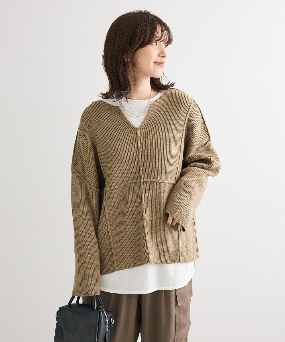 【グリーンパークス/Green Parks】のリブ切替Vネックニットプルオーバー インテリア・キッズ・メンズ・レディースファッション・服の通販 founy(ファニー) 　ファッション　Fashion　レディースファッション　Fashion for Women　トップス・カットソー　Cut & Sew Tops　ニット　Knit Tops & Sweaters　カジュアルプルオーバー・ニットトップス　Pullovers & Knit Tops / Casual Pullovers　Vネックトップス　V-Neck Tops / V-Cut Neckline Shirts　おすすめ　Recommended / Our Picks　スラックス　Slacks, Dress Pants　セーター　Sweater, Knitwear　ベーシック　Basic, Essential　ボトム　Bottoms, Lower Wear　ポケット　Pocket, Pocket Detail　ワイド　Wide, Wide Fit　切替　Switching, Contrast Panel　A/W・秋冬　Autumn/Winter　Khaki|ID: prp329100004777469 ipo3291000000034640090