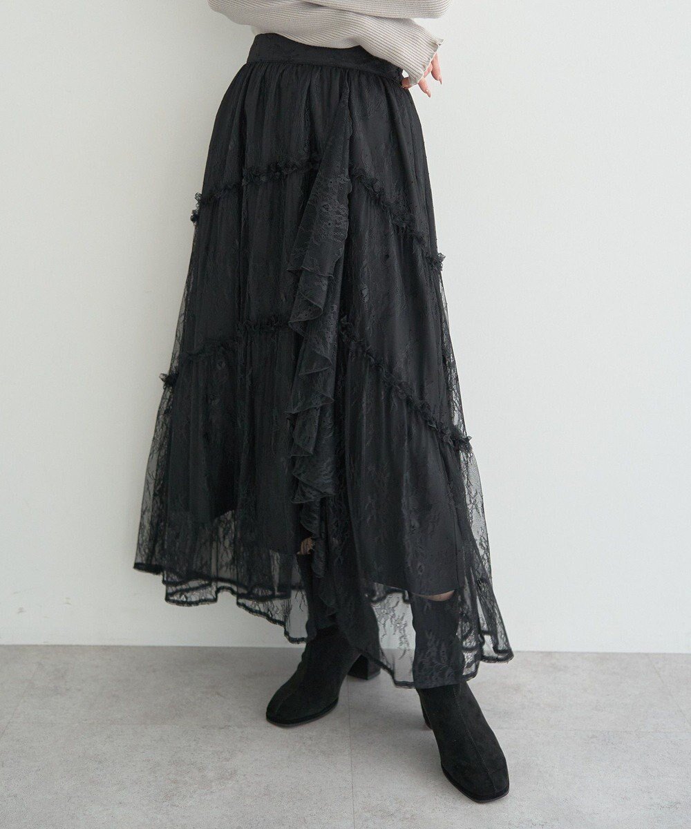 【アースミュージックアンドエコロジー/earth music&ecology】のレースフリルティアードスカート インテリア・キッズ・メンズ・レディースファッション・服の通販 founy(ファニー) 　ファッション　Fashion　レディースファッション　Fashion for Women　スカート　Skirts　ティアードスカート　Tiered Skirts　おすすめ　Recommended / Our Picks　スニーカー　Sneakers, Trainers　ダウン　Down, Puffer　フィット　Fit, Slim Fit　フェミニン　Feminine, Girly　フリル　Frill, Ruffle　ポケット　Pocket, Pocket Detail　レース　Lace, Lace Fabric　ロング　Long, Long-Length　エレガント 上品　Elegant　A/W・秋冬　Autumn/Winter　Black|ID: prp329100004780829 ipo3291000000034685661