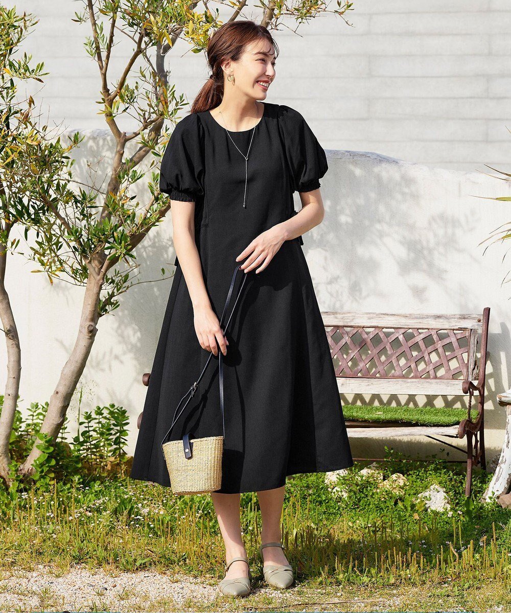 【ティアクラッセ/Tiaclasse】の【洗える】バルーンスリーブサイドギャザーワンピース インテリア・キッズ・メンズ・レディースファッション・服の通販 founy(ファニー) 　ファッション　Fashion　レディースファッション　Fashion for Women　ワンピース　Dresses　ストライプ　Stripe, Striped Pattern　スリーブ　Sleeve, Long Sleeve / Short Sleeve　ドレス　Dress, One-Piece　バルーン　Balloon, Balloon Silhouette　フレア　Flare, Flared　ポケット　Pocket, Pocket Detail　ラウンド　Round, Round Neck　リボン　Ribbon, Bow　ロング　Long, Long-Length　半袖　Short Sleeve, Half Sleeve　夏　Summer　春　Spring　S/S・春夏　SS, Spring/Summer, Warm Season　楽ちん　Easy Fit, Comfortable　洗える　Machine Washable　ブラック|ID: prp329100004781951 ipo3291000000034696227