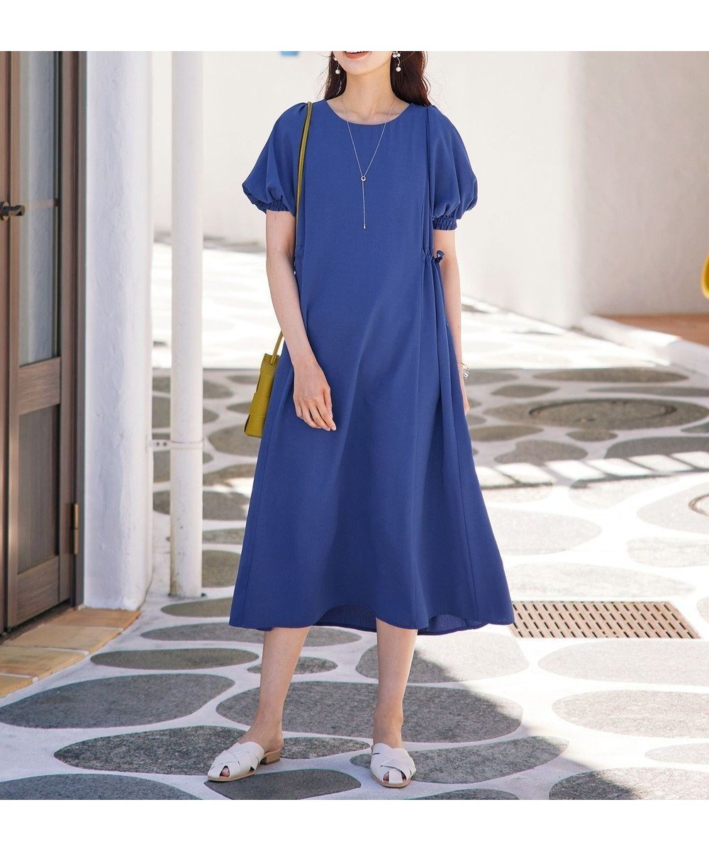 【ティアクラッセ/Tiaclasse】の【洗える】バルーンスリーブサイドギャザーワンピース インテリア・キッズ・メンズ・レディースファッション・服の通販 founy(ファニー) 　ファッション　Fashion　レディースファッション　Fashion for Women　ワンピース　Dresses　ストライプ　Stripe, Striped Pattern　スリーブ　Sleeve, Long Sleeve / Short Sleeve　ドレス　Dress, One-Piece　バルーン　Balloon, Balloon Silhouette　フレア　Flare, Flared　ポケット　Pocket, Pocket Detail　ラウンド　Round, Round Neck　リボン　Ribbon, Bow　ロング　Long, Long-Length　半袖　Short Sleeve, Half Sleeve　夏　Summer　春　Spring　S/S・春夏　SS, Spring/Summer, Warm Season　楽ちん　Easy Fit, Comfortable　洗える　Machine Washable　ブルー|ID: prp329100004781951 ipo3291000000034696228