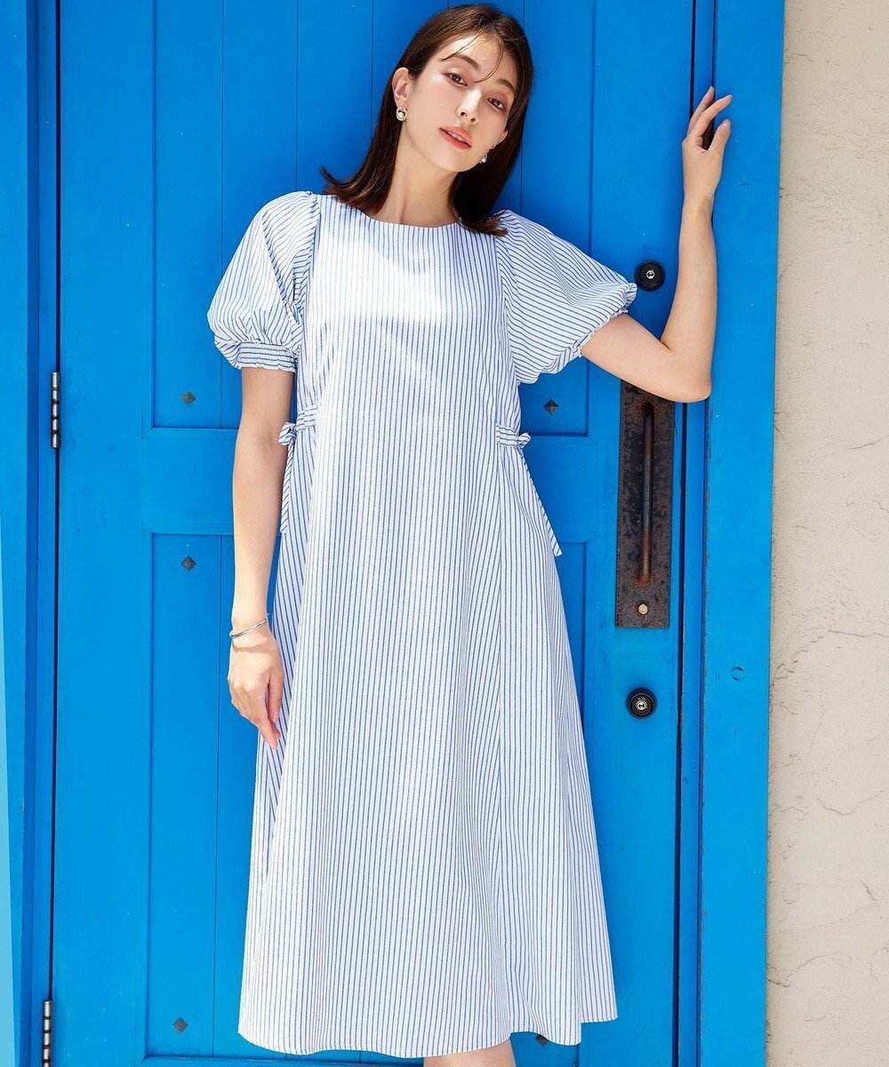 【ティアクラッセ/Tiaclasse】の【洗える】バルーンスリーブサイドギャザーワンピース インテリア・キッズ・メンズ・レディースファッション・服の通販 founy(ファニー) 　ファッション　Fashion　レディースファッション　Fashion for Women　ワンピース　Dresses　ストライプ　Stripe, Striped Pattern　スリーブ　Sleeve, Long Sleeve / Short Sleeve　ドレス　Dress, One-Piece　バルーン　Balloon, Balloon Silhouette　フレア　Flare, Flared　ポケット　Pocket, Pocket Detail　ラウンド　Round, Round Neck　リボン　Ribbon, Bow　ロング　Long, Long-Length　半袖　Short Sleeve, Half Sleeve　夏　Summer　春　Spring　S/S・春夏　SS, Spring/Summer, Warm Season　楽ちん　Easy Fit, Comfortable　洗える　Machine Washable　ブルーストライプ|ID: prp329100004781951 ipo3291000000034696229