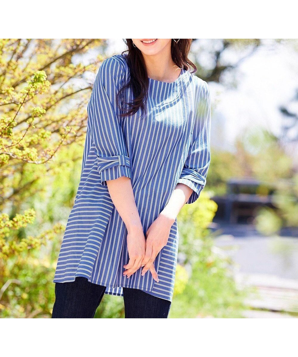 【ティアクラッセ/Tiaclasse】の【洗える】リボンスリーブストライプチュニックブラウス インテリア・キッズ・メンズ・レディースファッション・服の通販 founy(ファニー) 　ファッション　Fashion　レディースファッション　Fashion for Women　トップス・カットソー　Cut & Sew Tops　シャツ・ブラウス・オフィスカジュアル　Elegant Blouses & Button-Ups　ウォッシャブル　Machine Washable　春　Spring　洗える　Machine Washable　秋　Autumn　カーディガン　Cardigan, Knitwear　ストライプ　Stripe, Striped Pattern　チュニック　Tunic, Long Top　長袖　Long Sleeve, Full Sleeve　ポケット　Pocket, Pocket Detail　ラウンド　Round, Round Neck　ランダム　Random, Irregular　リボン　Ribbon, Bow　ロング　Long, Long-Length　冬　Winter / This Winter　S/S・春夏　SS, Spring/Summer, Warm Season　再入荷　Restock / Back in Stock　夏　Summer　新作・新入荷　New Arrivals / New In　ブルー×オフストライプ|ID: prp329100004781955 ipo3291000000034696292