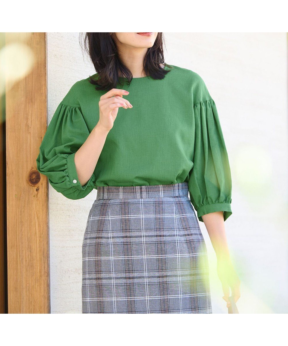 【エニー/ANY】のライトリネンクロスバルーンスリーブブラウス インテリア・キッズ・メンズ・レディースファッション・服の通販 founy(ファニー) 　ファッション　Fashion　レディースファッション　Fashion for Women　トップス・カットソー　Cut & Sew Tops　シャツ・ブラウス・オフィスカジュアル　Elegant Blouses & Button-Ups　春　Spring　ギャザー　Gathered, Ruffled　コンパクト　Compact, Small Size　シンプル　Simple, Minimal　デニム　Denim, Jeans Material　フレンチ　French, French Style　リネン　Linen, Linen Fabric　S/S・春夏　SS, Spring/Summer, Warm Season　夏　Summer　グリーン|ID: prp329100004781956 ipo3291000000034696309