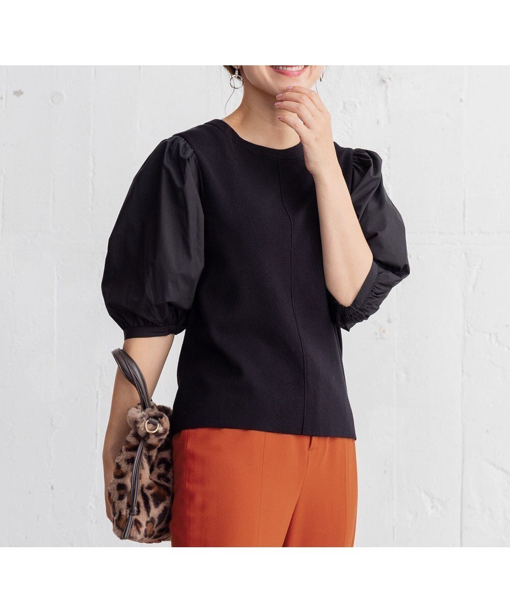 【エニー/ANY】のボリュームショルダーコンビニット インテリア・キッズ・メンズ・レディースファッション・服の通販 founy(ファニー) 　ファッション　Fashion　レディースファッション　Fashion for Women　トップス・カットソー　Cut & Sew Tops　ニット　Knit Tops & Sweaters　セーター　Sweater, Knitwear　フェミニン　Feminine, Girly　ポケット　Pocket, Pocket Detail　A/W・秋冬　Autumn/Winter　ブラック×ブラック|ID: prp329100004782676 ipo3291000000035991834