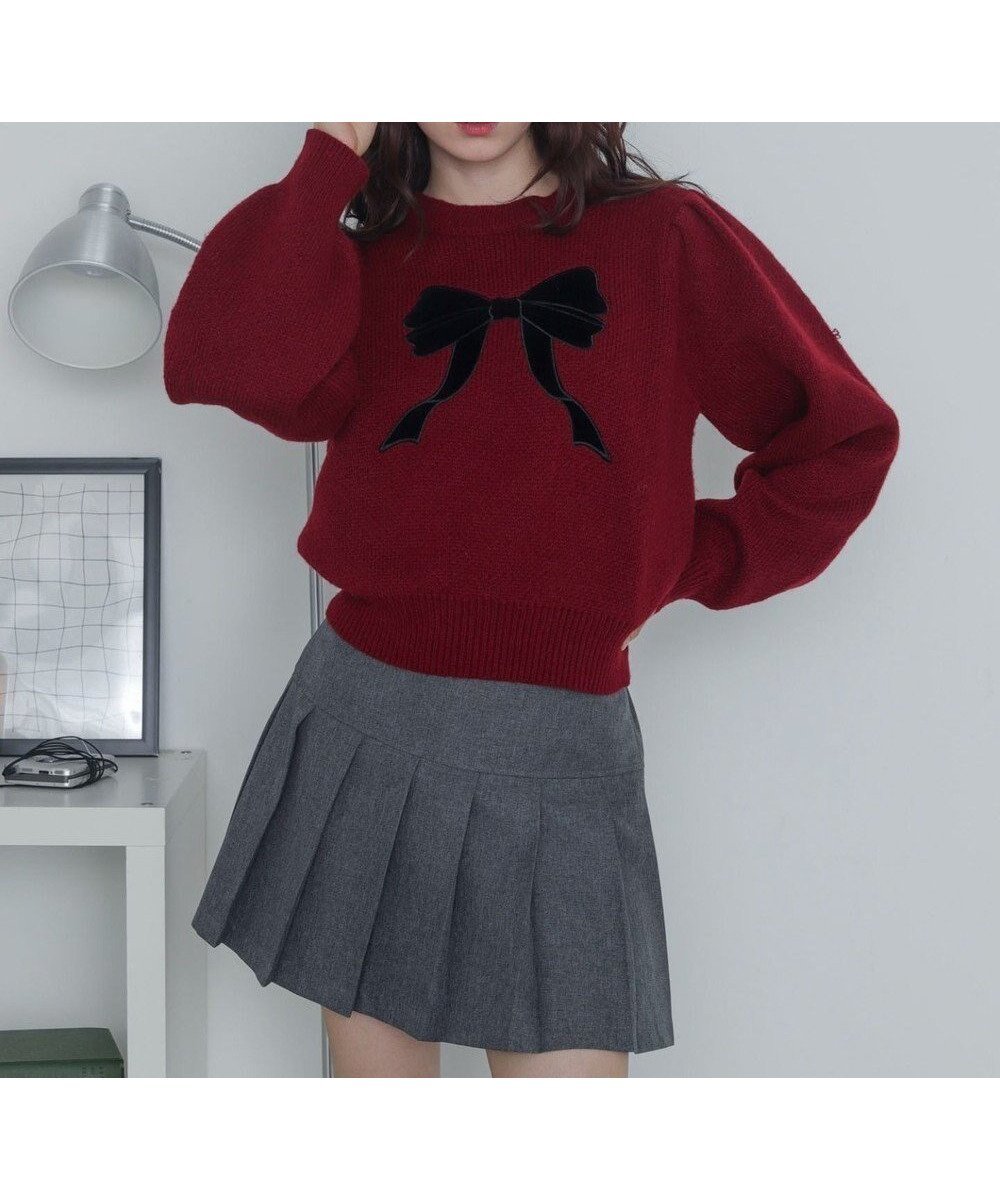 【ウィゴー/WEGO】のベロアリボンアップリケタックスリーブニット インテリア・キッズ・メンズ・レディースファッション・服の通販 founy(ファニー) 　ファッション　Fashion　レディースファッション　Fashion for Women　トップス・カットソー　Cut & Sew Tops　ニット　Knit Tops & Sweaters　ベロアトップス　Velour Tops / Velvet-Look Items　インナー　Innerwear　春　Spring　秋　Autumn　ガーリー　Girly, Feminine Style　スマホ　Smartphone, Mobile Device　セーター　Sweater, Knitwear　デニム　Denim, Jeans Material　長袖　Long Sleeve, Full Sleeve　バランス　Balance, Style Balance　フェミニン　Feminine, Girly　ベロア　Velour, Soft Velvet　ボトム　Bottoms, Lower Wear　ミニスカート　Mini Skirt, Short Skirt　リボン　Ribbon, Bow　ロング　Long, Long-Length　冬　Winter / This Winter　A/W・秋冬　Autumn/Winter　エレガント 上品　Elegant　ワイン|ID: prp329100004782760 ipo3291000000034706921