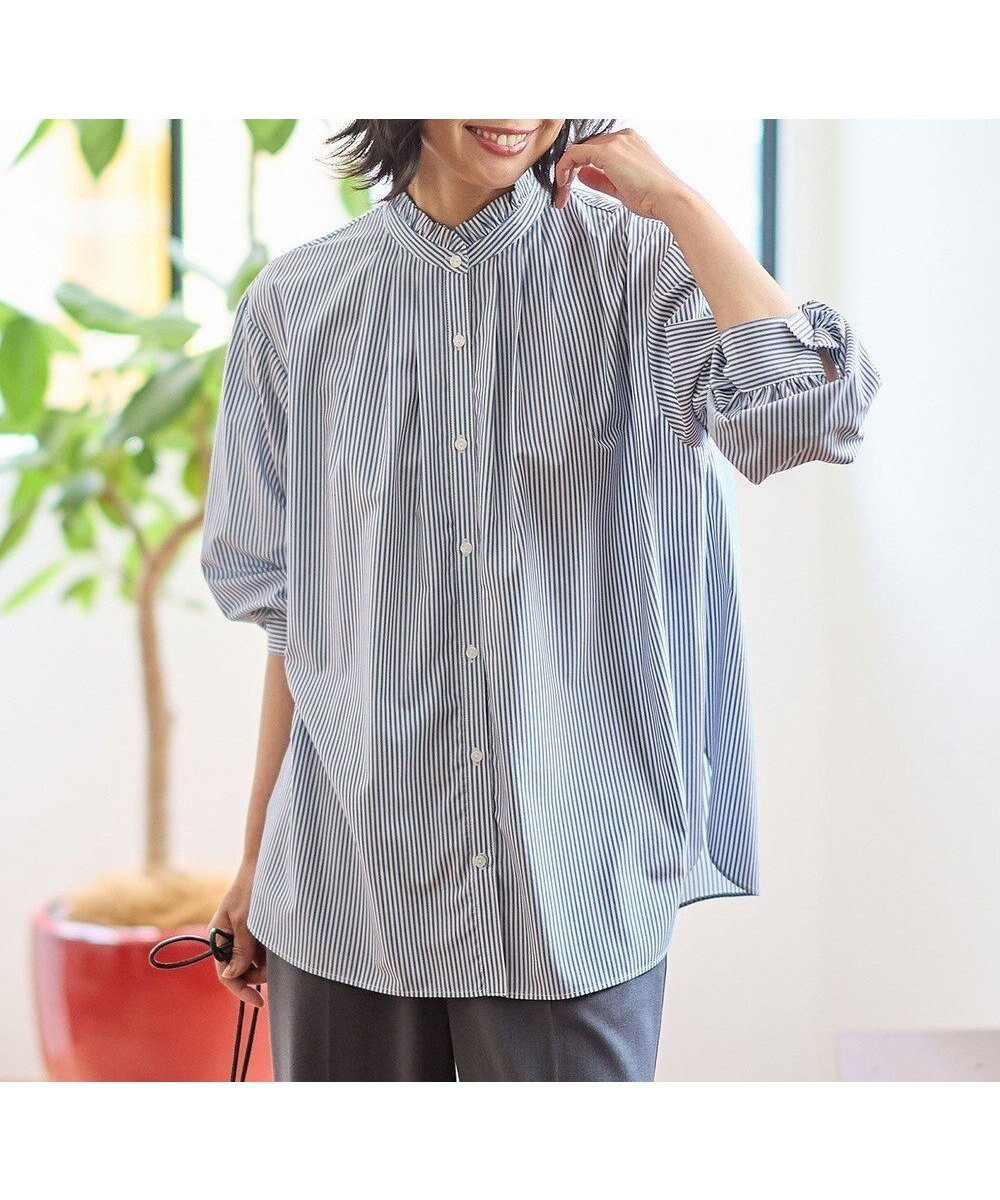 【エニー/ANY】の【手洗い可能/抗菌防臭/UVカット/速乾】スタンドネックブラウス インテリア・キッズ・メンズ・レディースファッション・服の通販 founy(ファニー) 　ファッション　Fashion　レディースファッション　Fashion for Women　トップス・カットソー　Cut & Sew Tops　シャツ・ブラウス・オフィスカジュアル　Elegant Blouses & Button-Ups　インナー　Innerwear　ストライプ　Stripe, Striped Pattern　フリル　Frill, Ruffle　ベーシック　Basic, Essential　ビジネス 仕事 通勤　Business / Work / Commuting　定番　Standard, Basic Item　抗菌　Antibacterial, Bacteria-Resistant　A/W・秋冬　Autumn/Winter　ブルーロンスト|ID: prp329100004784182 ipo3291000000034724744