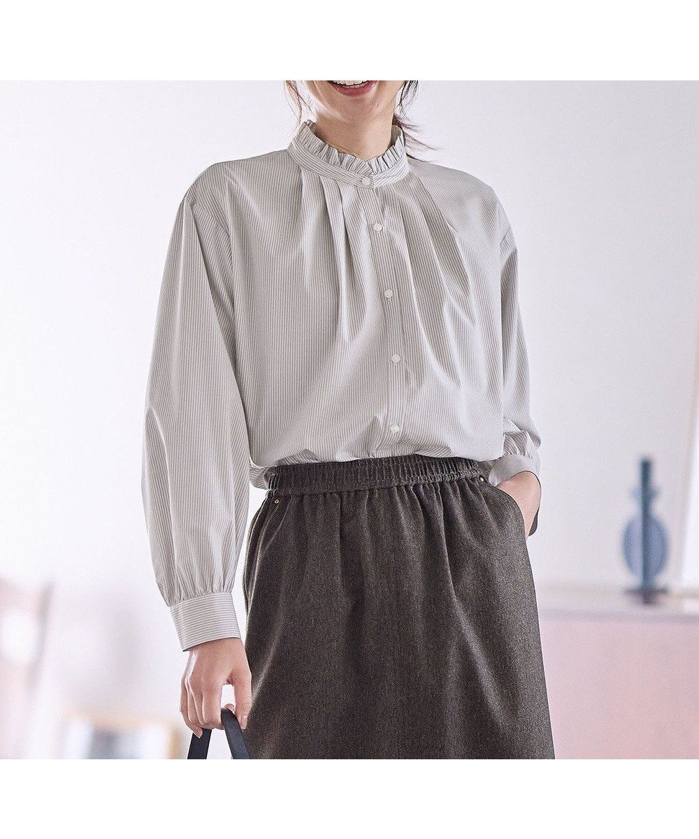 【エニー/ANY】の【手洗い可能/抗菌防臭/UVカット/速乾】スタンドネックブラウス インテリア・キッズ・メンズ・レディースファッション・服の通販 founy(ファニー) 　ファッション　Fashion　レディースファッション　Fashion for Women　トップス・カットソー　Cut & Sew Tops　シャツ・ブラウス・オフィスカジュアル　Elegant Blouses & Button-Ups　インナー　Innerwear　ストライプ　Stripe, Striped Pattern　フリル　Frill, Ruffle　ベーシック　Basic, Essential　ビジネス 仕事 通勤　Business / Work / Commuting　定番　Standard, Basic Item　抗菌　Antibacterial, Bacteria-Resistant　A/W・秋冬　Autumn/Winter　グレーピンストライプ|ID: prp329100004784182 ipo3291000000034724746
