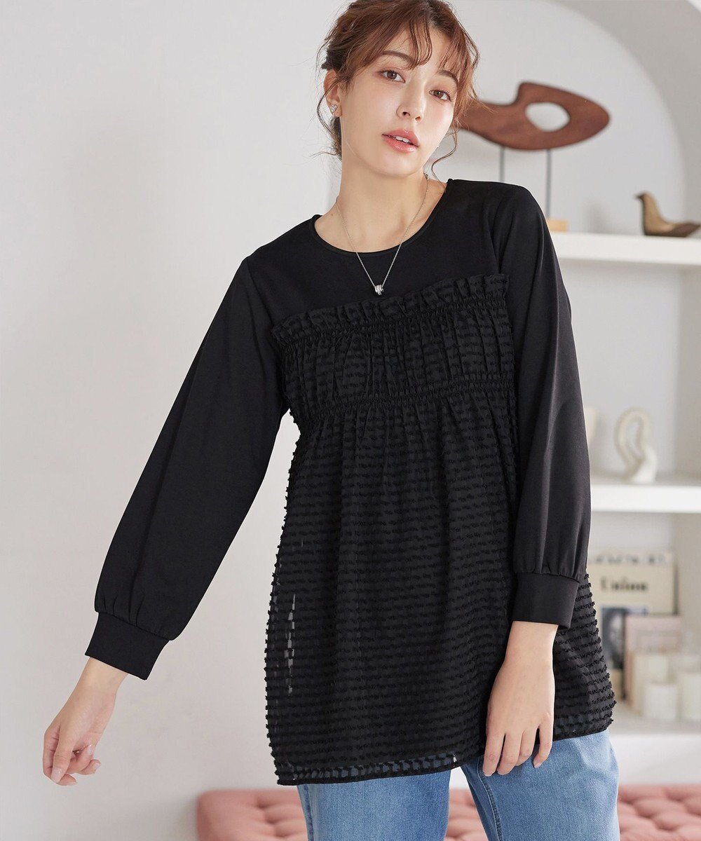 【ティアクラッセ/Tiaclasse】のポンチ×ジャガードドッキングチュニック インテリア・キッズ・メンズ・レディースファッション・服の通販 founy(ファニー) 　ファッション　Fashion　レディースファッション　Fashion for Women　トップス・カットソー　Cut & Sew Tops　シャツ・ブラウス・オフィスカジュアル　Elegant Blouses & Button-Ups　ロングTシャツ・Tシャツ　Longline T-Shirts & Tees　カットソー・ベーシックTシャツ　Cut-and-Sewn Tops / Stretch Tees & Basics　カットソー　Cut and Sewn Top　シャーリング　Shirring, Ruched　チュニック　Tunic, Long Top　デニム　Denim, Jeans Material　ドッキング　Docking, Mixed Material　フェミニン　Feminine, Girly　ポケット　Pocket, Pocket Detail　ラウンド　Round, Round Neck　エレガント 上品　Elegant　A/W・秋冬　Autumn/Winter　ブラック|ID: prp329100004784765 ipo3291000000034735535