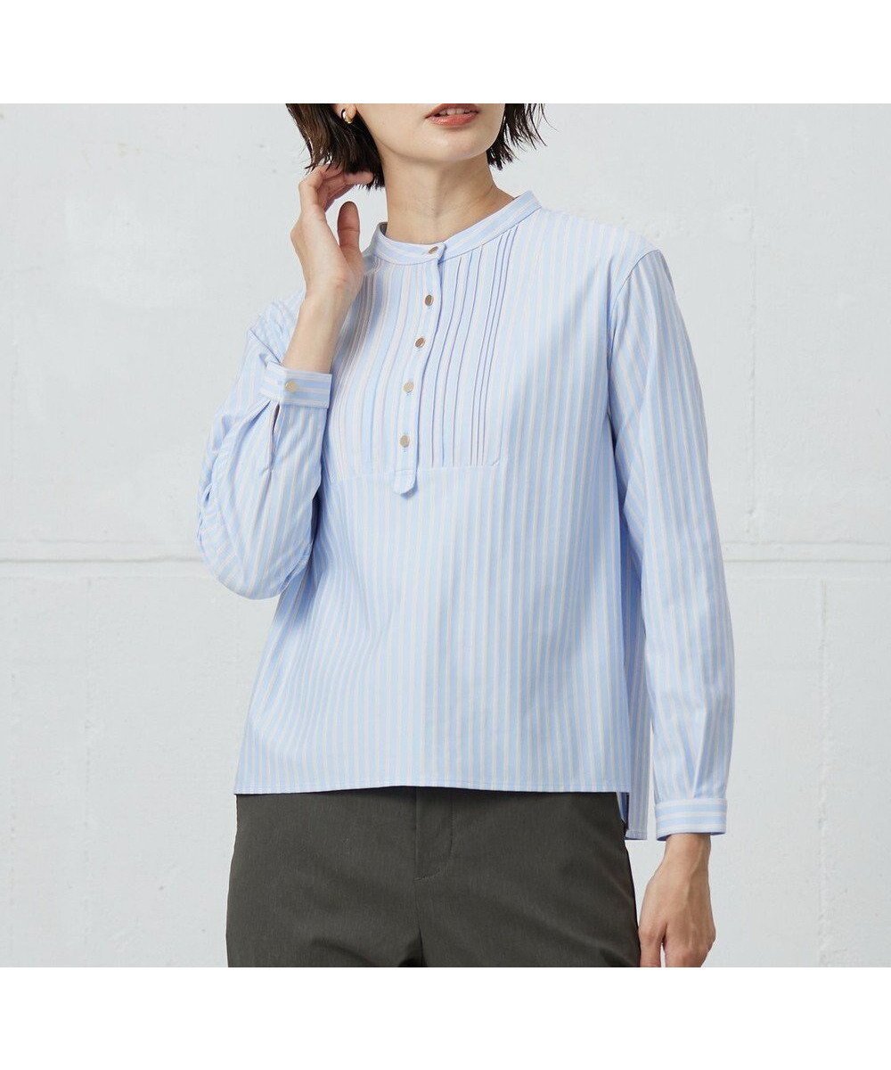 【ジェイ プレス/J.PRESS】のストライプジャージー ピンタック カットソー インテリア・キッズ・メンズ・レディースファッション・服の通販 founy(ファニー) 　ファッション　Fashion　レディースファッション　Fashion for Women　トップス・カットソー　Cut & Sew Tops　シャツ・ブラウス・オフィスカジュアル　Elegant Blouses & Button-Ups　ロングTシャツ・Tシャツ　Longline T-Shirts & Tees　カットソー・ベーシックTシャツ　Cut-and-Sewn Tops / Stretch Tees & Basics　インナー　Innerwear　春　Spring　カットソー　Cut and Sewn Top　ストライプ　Stripe, Striped Pattern　ストレッチ　Stretch, Stretchy Fabric　スリット　Slit, Slit Detail　メタル　Metal, Metal Parts　S/S・春夏　SS, Spring/Summer, Warm Season　夏　Summer　サックスベース系|ID: prp329100004787081 ipo3291000000034745565