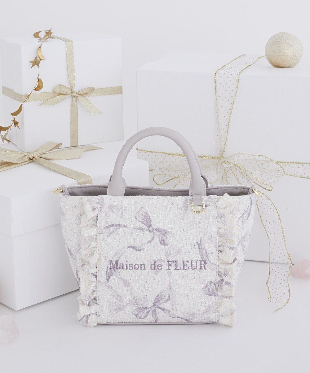 【メゾンドフルール/Maison de FLEUR】のツイードリボンプリント2WayバッグS インテリア・キッズ・メンズ・レディースファッション・服の通販 founy(ファニー) 　ファッション　Fashion　レディースファッション　Fashion for Women　コンパクト　Compact, Small Size　ツイード　Twill, Twill Weave　フェミニン　Feminine, Girly　フリル　Frill, Ruffle　フロント　Front, Front Design　ホリデーシーズン　Holiday Season　リボン　Ribbon, Bow　Pink|ID: prp329100004787146 ipo3291000000034745845