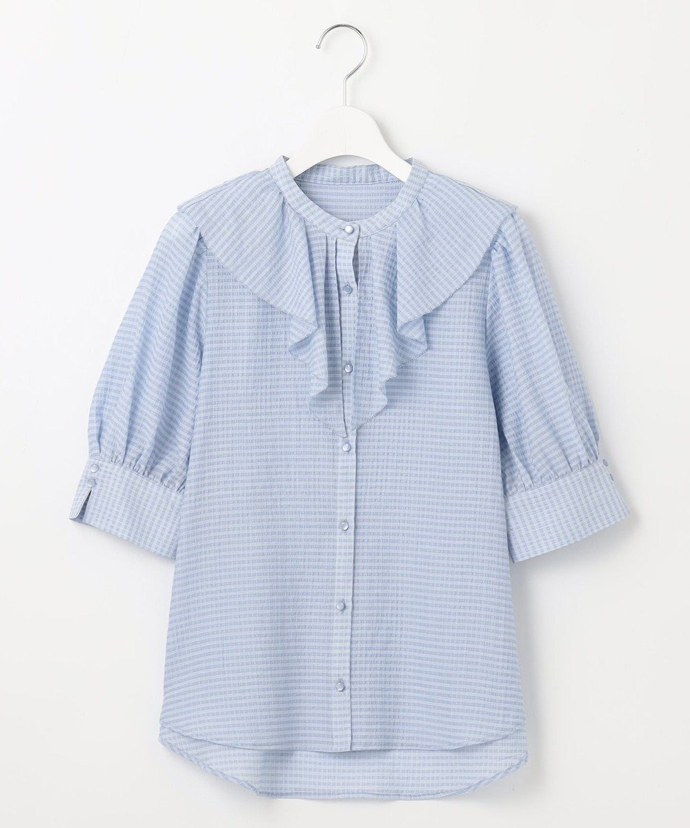 【フェルゥ/Feroux】の【洗える】ラッフルフリル ブラウス インテリア・キッズ・メンズ・レディースファッション・服の通販 founy(ファニー) 　ファッション　Fashion　レディースファッション　Fashion for Women　トップス・カットソー　Cut & Sew Tops　シャツ・ブラウス・オフィスカジュアル　Elegant Blouses & Button-Ups　おすすめ　Recommended / Our Picks　エレガント 上品　Elegant　キャミソール　Camisole, Spaghetti Strap Top　ギンガム　Gingham, Gingham Fabric　タンク　Tank Top, Sleeveless Top　チェック　Check, Plaid, Tartan　デニム　Denim, Jeans Material　ボトム　Bottoms, Lower Wear　ラッフル　Ruffle, Frill　夏　Summer　春　Spring　S/S・春夏　SS, Spring/Summer, Warm Season　洗える　Machine Washable　スカイブルー系|ID: prp329100004789664 ipo3291000000034757692