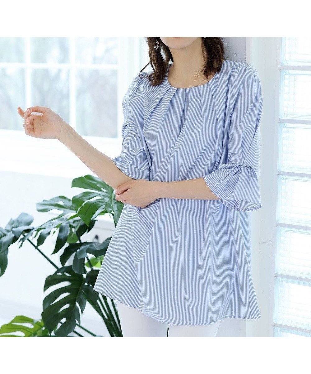 【ティアクラッセ/Tiaclasse】の【洗える】リボン付きタックスリーブチュニック インテリア・キッズ・メンズ・レディースファッション・服の通販 founy(ファニー) ファッション Fashion レディースファッション Fashion for Women トップス・カットソー Cut & Sew Tops シャツ・ブラウス・オフィスカジュアル Elegant Blouses & Button-Ups ウォッシャブル Machine Washable 春 Spring 洗える Machine Washable 秋 Autumn カーディガン Cardigan, Knitwear スリーブ Sleeve, Long Sleeve / Short Sleeve チュニック Tunic, Long Top 長袖 Long Sleeve, Full Sleeve フェミニン Feminine, Girly フレア Flare, Flared ベーシック Basic, Essential ポケット Pocket, Pocket Detail 無地 Plain, Solid Color ラウンド Round, Round Neck リボン Ribbon, Bow ロング Long, Long-Length 冬 Winter / This Winter S/S・春夏 SS, Spring/Summer, Warm Season 再入荷 Restock / Back in Stock 夏 Summer 新作・新入荷 New Arrivals / New In サックスストライプ|ID: prp329100004789687 ipo3291000000034758190