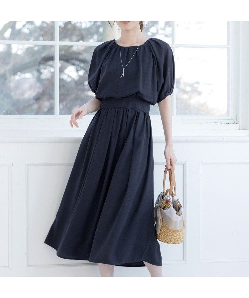 【ティアクラッセ/Tiaclasse】の【洗える】麻調ギャザーワンピース インテリア・キッズ・メンズ・レディースファッション・服の通販 founy(ファニー) 　ファッション　Fashion　レディースファッション　Fashion for Women　ワンピース　Dresses　ギャザー　Gathered, Ruffled　スリーブ　Sleeve, Long Sleeve / Short Sleeve　フレア　Flare, Flared　ポケット　Pocket, Pocket Detail　ラウンド　Round, Round Neck　夏　Summer　春　Spring　S/S・春夏　SS, Spring/Summer, Warm Season　洗える　Machine Washable　ネイビー|ID: prp329100004789688 ipo3291000000034758232