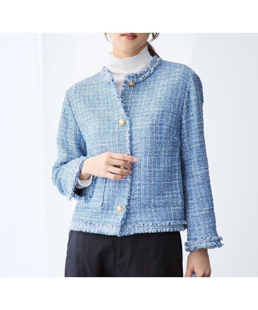 【自由区/JIYU-KU】のファンシーノットツイードノーカラー ジャケット インテリア・キッズ・メンズ・レディースファッション・服の通販 founy(ファニー) 　ファッション　Fashion　レディースファッション　Fashion for Women　アウター　Coat / Outerwear Collection　レディースジャケット・軽アウター　Jackets　ノーカラージャケット / シンプル上品コーデ　Collarless Jackets　エレガント 上品　Elegant　春　Spring　カーディガン　Cardigan, Knitwear　グログラン　Grosgrain, Grosgrain Ribbon　ジャケット　Jacket, Outerwear　ツイード　Twill, Twill Weave　フリンジ　Fringe, Tassel　メッシュ　Mesh, Net Fabric　ラグジュアリー　Luxury, Elegant　リボン　Ribbon, Bow　リラックス　Relax, Relaxed Fit　S/S・春夏　SS, Spring/Summer, Warm Season　夏　Summer　ブルー|ID: prp329100004800198 ipo3291000000035698231