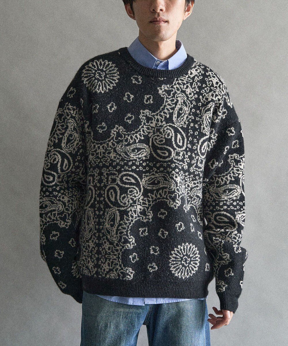 【クラフトスタンダードブティック/CRAFT STANDARD BOUTIQUE / MEN】のペイズリー柄ニットプルオーバー インテリア・キッズ・メンズ・レディースファッション・服の通販 founy(ファニー) 　ファッション　Fashion　メンズファッション　Fashion for Men　トップス・カットソー　Cut & Sew Tops　ニット・セーター / 定番トップス　Knit Tops & Sweaters　おすすめ　Recommended / Our Picks　シンプル　Simple, Minimal　セーター　Sweater, Knitwear　ペイズリー　Paisley, Ethnic Pattern　ボトム　Bottoms, Lower Wear　ポケット　Pocket, Pocket Detail　モノトーン　Monotone, Black and White　洗える　Machine Washable　A/W・秋冬　Autumn/Winter　防寒　Cold Protection, Winter-Ready　Black|ID: prp329100004806231 ipo3291000000034875999
