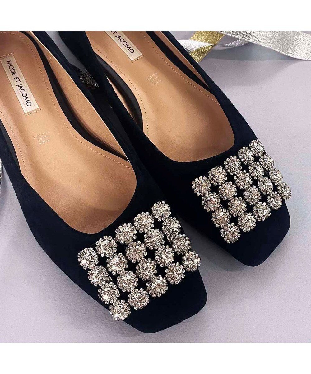 【モード エ ジャコモ/MODE ET JACOMO】のMODE ET JACOMO アシンメトリービジューフラットパンプス インテリア・キッズ・メンズ・レディースファッション・服の通販 founy(ファニー) 　ファッション　Fashion　レディースファッション　Fashion for Women　アクセサリー　Fashion Accessories　アシンメトリー　Asymmetrical Style　オケージョン　Occasion Wear　クール　Cool, Chic　シューズ　Shoes, Footwear　ビジュー　Bijou, Jewel-like Accent　フラット　Flat, Flat Shoes　ビジネス 仕事 通勤　Business / Work / Commuting　A/W・秋冬　Autumn/Winter　ブラックスエード|ID: prp329100004811100 ipo3291000000034921812