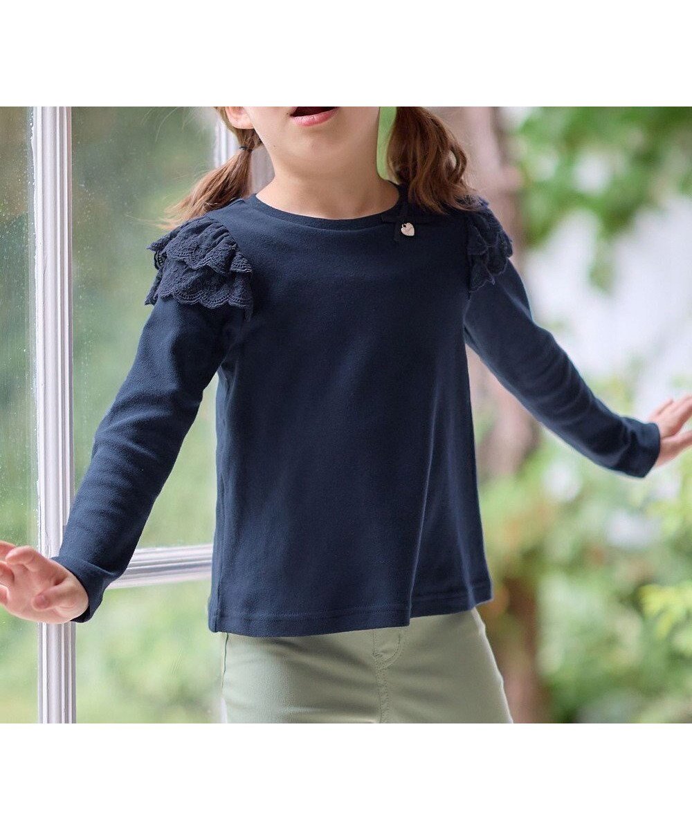 【エニィ/ANY / KIDS】の袖 レース ガーリー Tシャツ インテリア・キッズ・メンズ・レディースファッション・服の通販 founy(ファニー) 　ファッション　Fashion　キッズファッション　Fashion for Kids　トップス・カットソー　Cut & Sew Tops　カットソー　Cut and Sewn Top　ガーリー　Girly, Feminine Style　シンプル　Simple, Minimal　ポケット　Pocket, Pocket Detail　レース　Lace, Lace Fabric　エレガント 上品　Elegant　秋　Autumn　A/W・秋冬　Autumn/Winter　長袖　Long Sleeve, Full Sleeve　ネイビー|ID: prp329100004812864 ipo3291000000034940954