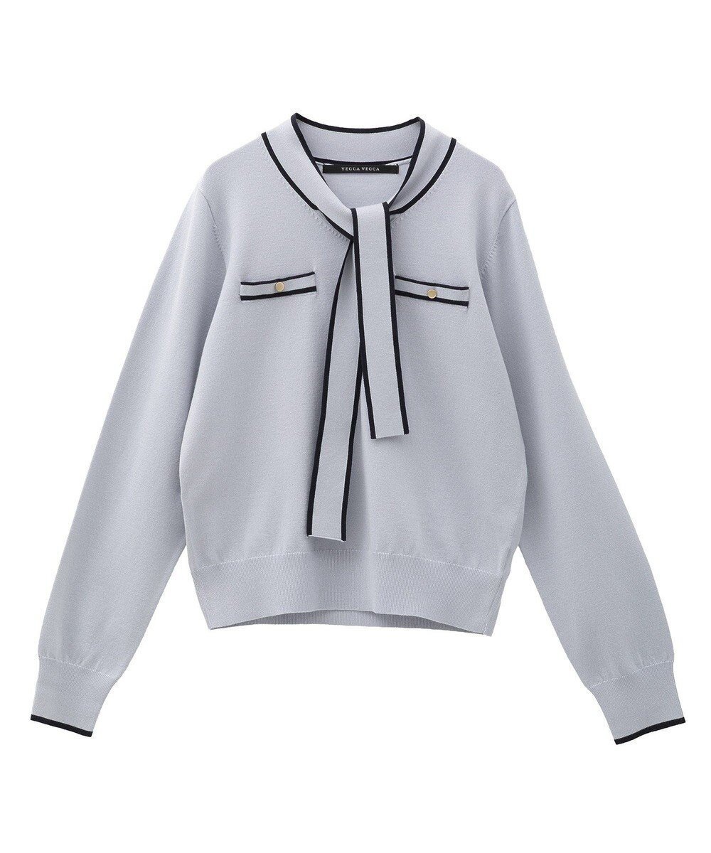 【イェッカ ヴェッカ/YECCA VECCA】の配色ボウタイニット インテリア・キッズ・メンズ・レディースファッション・服の通販 founy(ファニー) 　ファッション　Fashion　レディースファッション　Fashion for Women　トップス・カットソー　Cut & Sew Tops　ニット　Knit Tops & Sweaters　セーター　Sweater, Knitwear　フェミニン　Feminine, Girly　ポケット　Pocket, Pocket Detail　メタル　Metal, Metal Parts　リボン　Ribbon, Bow　冬　Winter / This Winter　A/W・秋冬　Autumn/Winter　ビジネス 仕事 通勤　Business / Work / Commuting　Light Blue|ID: prp329100004814871 ipo3291000000034971367