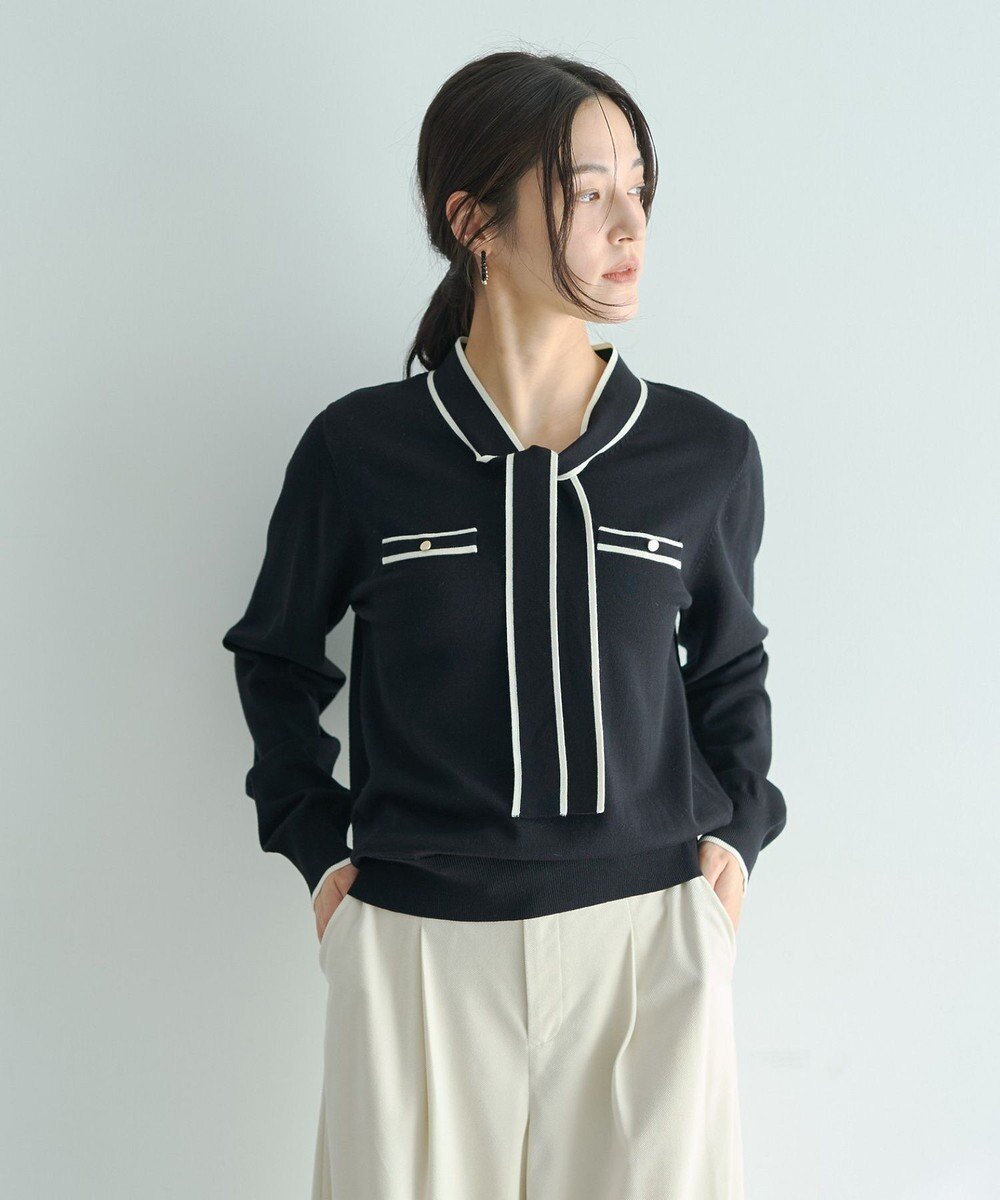 【イェッカ ヴェッカ/YECCA VECCA】の配色ボウタイニット インテリア・キッズ・メンズ・レディースファッション・服の通販 founy(ファニー) ファッション Fashion レディースファッション Fashion for Women トップス・カットソー Cut & Sew Tops ニット Knit Tops & Sweaters セーター Sweater, Knitwear フェミニン Feminine, Girly ポケット Pocket, Pocket Detail メタル Metal, Metal Parts リボン Ribbon, Bow 冬 Winter / This Winter A/W・秋冬 Autumn/Winter ビジネス 仕事 通勤 Business / Work / Commuting Black|ID: prp329100004814871 ipo3291000000035192599