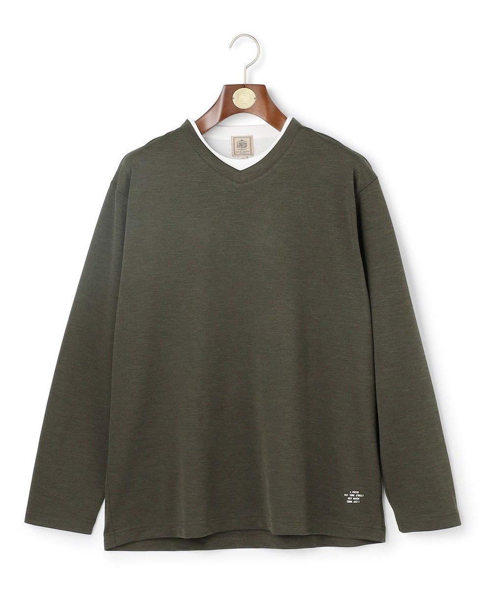 【ジェイ プレス/J.PRESS / MEN】の【WEB・一部店舗限定】Vネックフェイクレイヤード ロングスリーブTシャツ インテリア・キッズ・メンズ・レディースファッション・服の通販 founy(ファニー) 　ファッション　Fashion　メンズファッション　Fashion for Men　トップス・カットソー　Cut & Sew Tops　メンズシャツ　Shirts　カットソー　Cut and Sewn Top　スリーブ　Sleeve, Long Sleeve / Short Sleeve　メランジ　Melange, Mixed Yarn　ロング　Long, Long-Length　春　Spring　秋　Autumn　A/W・秋冬　Autumn/Winter　鹿の子　Piqué, Kanoko Fabric　ダークグリーン系|ID: prp329100004822403 ipo3291000000035583502