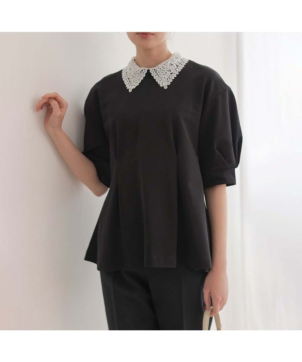 【組曲/KUMIKYOKU】の【2WAY】レース襟フレンチテリーフレア カットソー インテリア・キッズ・メンズ・レディースファッション・服の通販 founy(ファニー) 　ファッション　Fashion　レディースファッション　Fashion for Women　トップス・カットソー　Cut & Sew Tops　シャツ・ブラウス・オフィスカジュアル　Elegant Blouses & Button-Ups　ロングTシャツ・Tシャツ　Longline T-Shirts & Tees　カットソー・ベーシックTシャツ　Cut-and-Sewn Tops / Stretch Tees & Basics　春　Spring　カットソー　Cut and Sewn Top　シンプル　Simple, Minimal　スタンド　Stand Collar, Upright Stand　ストレッチ　Stretch, Stretchy Fabric　スリーブ　Sleeve, Long Sleeve / Short Sleeve　パール　Pearl, Pearl Accent　フェミニン　Feminine, Girly　フレア　Flare, Flared　レース　Lace, Lace Fabric　S/S・春夏　SS, Spring/Summer, Warm Season　夏　Summer　ブラック系|ID: prp329100004826421 ipo3291000000035575526