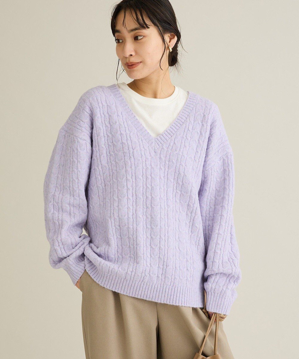 【クラフトスタンダードブティック/CRAFT STANDARD BOUTIQUE】の起毛ケーブルVニットネックニットプルオーバー インテリア・キッズ・メンズ・レディースファッション・服の通販 founy(ファニー) 　ファッション　Fashion　レディースファッション　Fashion for Women　トップス・カットソー　Cut & Sew Tops　ニット　Knit Tops & Sweaters　カジュアルプルオーバー・ニットトップス　Pullovers & Knit Tops / Casual Pullovers　シンプル　Simple, Minimal　セーター　Sweater, Knitwear　デニム　Denim, Jeans Material　ハイネック　High Neck, Mock Neck　バランス　Balance, Style Balance　フェミニン　Feminine, Girly　ポケット　Pocket, Pocket Detail　A/W・秋冬　Autumn/Winter　エレガント 上品　Elegant　Purple|ID: prp329100004826444 ipo3291000000035409306