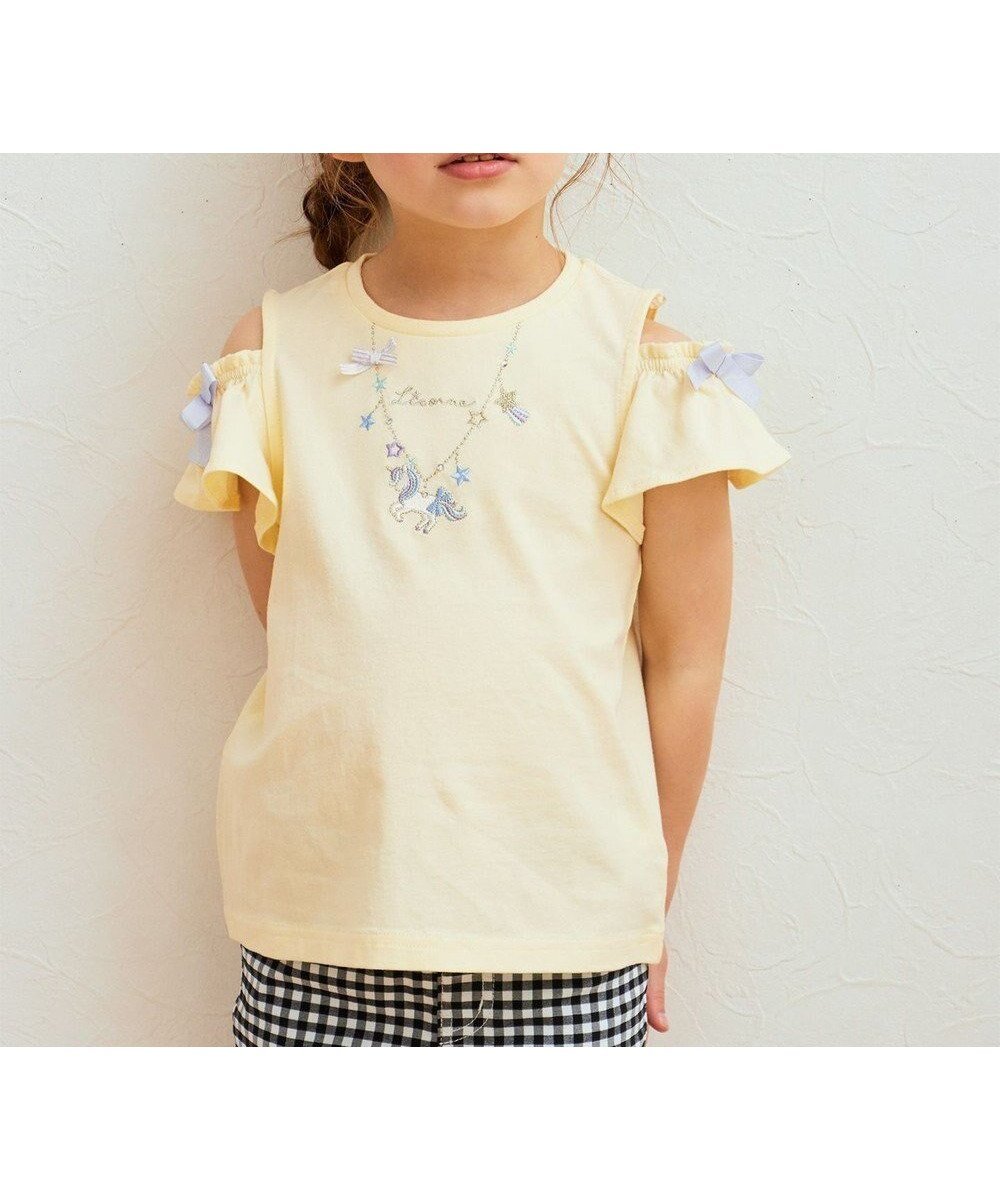 【エニィ/ANY / KIDS】の刺繍 オン・オフショルダー Tシャツ インテリア・キッズ・メンズ・レディースファッション・服の通販 founy(ファニー) 　ファッション　Fashion　キッズファッション　Fashion for Kids　トップス・カットソー　Cut & Sew Tops　カットソー　Cut and Sewn Top　ネックレス　Necklace, Pendant Necklace　ポケット　Pocket, Pocket Detail　モチーフ　Motif, Design Theme　リボン　Ribbon, Bow　ワンポイント　One Point, Statement Accent　夏　Summer　春　Spring　S/S・春夏　SS, Spring/Summer, Warm Season　クリーム|ID: prp329100004830086 ipo3291000000035157338