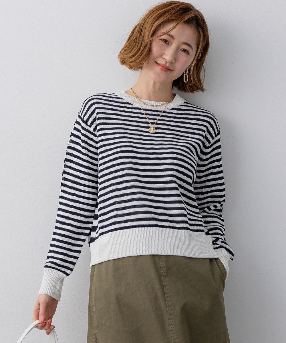 【23区/NIJYUSANKU】の【先行予約】コットンギマ クルーネック ニット インテリア・キッズ・メンズ・レディースファッション・服の通販 founy(ファニー) 　ファッション　Fashion　レディースファッション　Fashion for Women　トップス・カットソー　Cut & Sew Tops　ニット　Knit Tops & Sweaters　イエロー　Yellow　春　Spring　カットソー　Cut and Sewn Top　シンプル　Simple, Minimal　スキッパー　Skipper, Open Collar　セーター　Sweater, Knitwear　ベスト　Vest, Waistcoat　ボーダー　Border, Stripe　S/S・春夏　SS, Spring/Summer, Warm Season　夏　Summer　エレガント 上品　Elegant　2026年　2026　オフ×ネイビー系|ID: prp329100004832072 ipo3291000000035184194