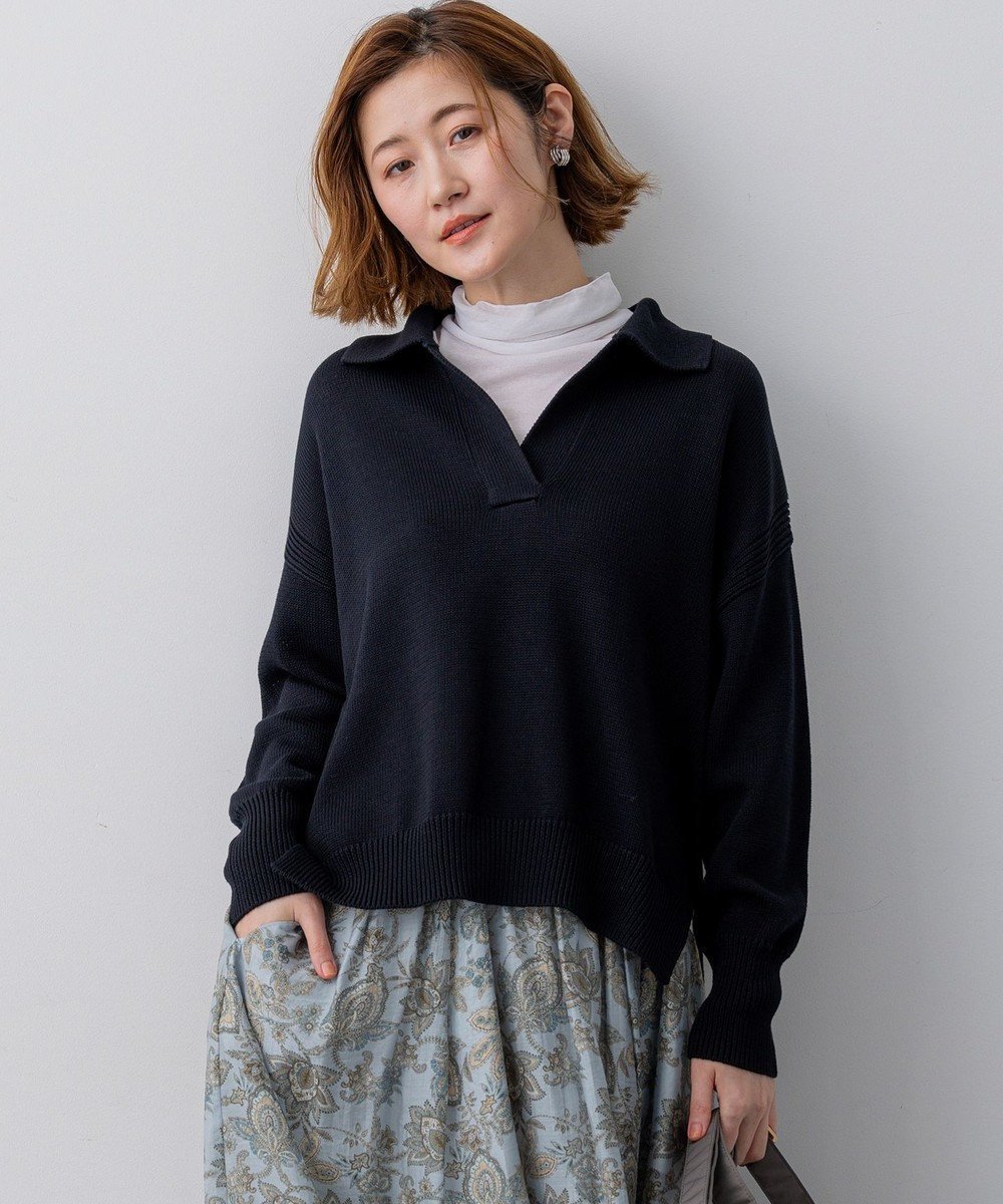 【23区/NIJYUSANKU】の【先行予約】コットンギマ スキッパー ニット インテリア・キッズ・メンズ・レディースファッション・服の通販 founy(ファニー) 　ファッション　Fashion　レディースファッション　Fashion for Women　トップス・カットソー　Cut & Sew Tops　ニット　Knit Tops & Sweaters　春　Spring　シンプル　Simple, Minimal　スキッパー　Skipper, Open Collar　スリット　Slit, Slit Detail　セーター　Sweater, Knitwear　定番　Standard, Basic Item　バランス　Balance, Style Balance　ベスト　Vest, Waistcoat　S/S・春夏　SS, Spring/Summer, Warm Season　夏　Summer　エレガント 上品　Elegant　2026年　2026　ネイビー系|ID: prp329100004832074 ipo3291000000035184205