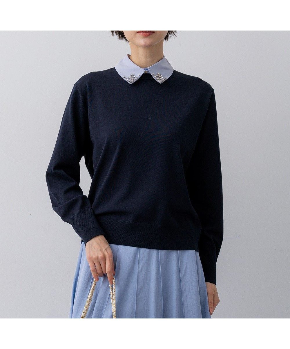 【23区/NIJYUSANKU】の【先行予約/WEB 一部店舗限定】ビジューデザイン 2WAY ニット インテリア・キッズ・メンズ・レディースファッション・服の通販 founy(ファニー) 　ファッション　Fashion　レディースファッション　Fashion for Women　トップス・カットソー　Cut & Sew Tops　ニット　Knit Tops & Sweaters　春　Spring　シルク　Silk, 100% Silk　シンプル　Simple, Minimal　ストレッチ　Stretch, Stretchy Fabric　セーター　Sweater, Knitwear　ダウン　Down, Puffer　デニム　Denim, Jeans Material　ドッキング　Docking, Mixed Material　ビジュー　Bijou, Jewel-like Accent　S/S・春夏　SS, Spring/Summer, Warm Season　夏　Summer　エレガント 上品　Elegant　2026年　2026　ネイビー系|ID: prp329100004832079 ipo3291000000035184226