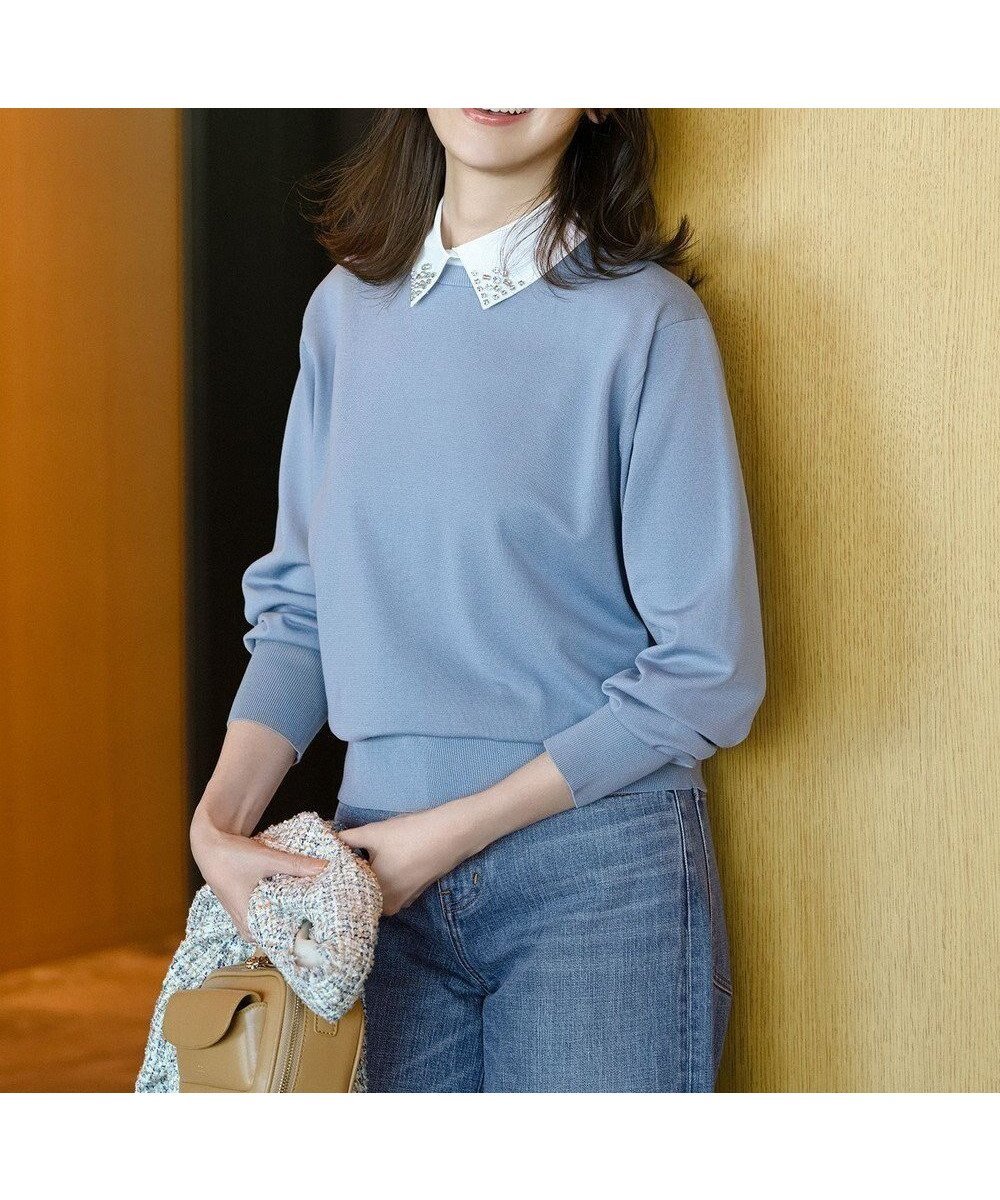 【23区/NIJYUSANKU】の【WEB 一部店舗限定】ビジューデザイン 2WAY ニット インテリア・キッズ・メンズ・レディースファッション・服の通販 founy(ファニー) 　ファッション　Fashion　レディースファッション　Fashion for Women　トップス・カットソー　Cut & Sew Tops　ニット　Knit Tops & Sweaters　春　Spring　シルク　Silk, 100% Silk　シンプル　Simple, Minimal　ストレッチ　Stretch, Stretchy Fabric　セーター　Sweater, Knitwear　ダウン　Down, Puffer　デニム　Denim, Jeans Material　ドッキング　Docking, Mixed Material　ビジュー　Bijou, Jewel-like Accent　S/S・春夏　SS, Spring/Summer, Warm Season　夏　Summer　エレガント 上品　Elegant　2026年　2026　スカイブルー系|ID: prp329100004832079 ipo3291000000035575523