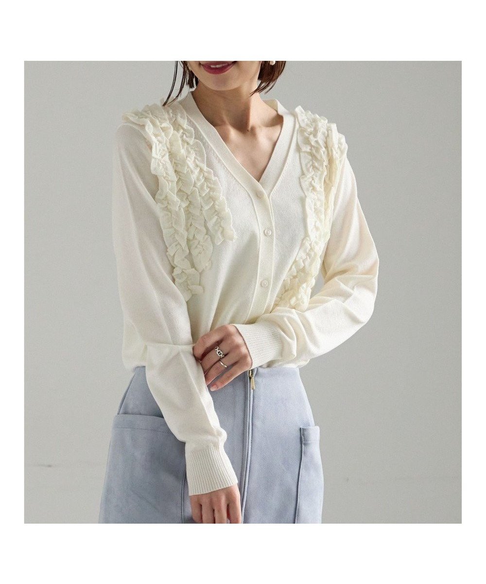 【テチチ/Te chichi】のフリルVネックカーディガン 人気、トレンドファッション・服の通販 founy(ファニー) 　ファッション　Fashion　レディースファッション　Fashion for Women　トップス・カットソー　Cut & Sew Tops　ニット　Knit Tops & Sweaters　カーディガン・羽織り　Layered Style Cardigans　Vネックトップス　V-Neck Tops / V-Cut Neckline Shirts　カーディガン　Cardigan, Knitwear　シンプル　Simple, Minimal　セーター　Sweater, Knitwear　デニム　Denim, Jeans Material　フリル　Frill, Ruffle　リラックス　Relax, Relaxed Fit　夏　Summer　S/S・春夏　SS, Spring/Summer, Warm Season　A/W・秋冬　Autumn/Winter　 other-1|ID: prp329100004832111 ipo3291000000035184375
