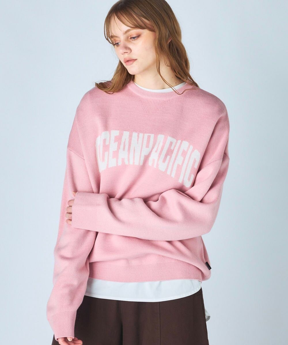 【その他のブランド/Other】の【ocean pacific】ロゴ入りクルーニット インテリア・キッズ・メンズ・レディースファッション・服の通販 founy(ファニー) 　ファッション　Fashion　レディースファッション　Fashion for Women　トップス・カットソー　Cut & Sew Tops　ニット　Knit Tops & Sweaters　アクリル　Acrylic Material　カリフォルニア　California, Cali Style　シンプル　Simple, Minimal　スラックス　Slacks, Dress Pants　セーター　Sweater, Knitwear　デニム　Denim, Jeans Material　ビーチ　Beach, Seaside　フロント　Front, Front Design　ワイド　Wide, Wide Fit　A/W・秋冬　Autumn/Winter　ピンク|ID: prp329100004832835 ipo3291000000035549001