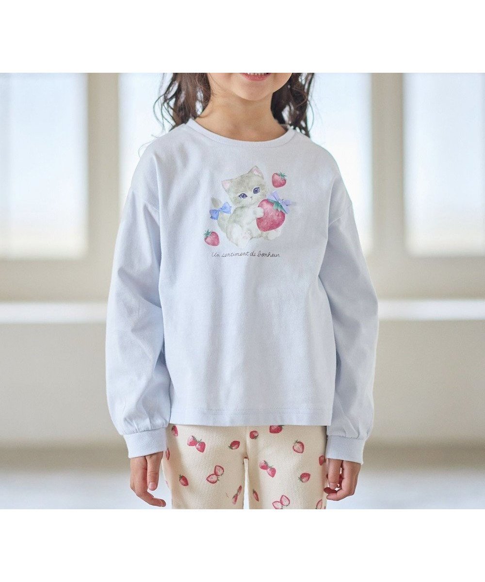 【エニィ/ANY / KIDS】の【Strawberry Collection】アートプリント 長袖Tシャツ インテリア・キッズ・メンズ・レディースファッション・服の通販 founy(ファニー) 　ファッション　Fashion　キッズファッション　Fashion for Kids　トップス・カットソー　Cut & Sew Tops　カットソー　Cut and Sewn Top　カーディガン　Cardigan, Knitwear　ショルダー　Shoulder, Shoulder Strap　シンプル　Simple, Minimal　トレンド　Trend, Trending Now　ドロップ　Drop Shoulder, Dropped Style　長袖　Long Sleeve, Full Sleeve　フロント　Front, Front Design　プリント　Print, Printed Pattern　ポケット　Pocket, Pocket Detail　ポシェット　Pochette, Mini Bag　ポーチ　Pouch, Small Case　モチーフ　Motif, Design Theme　リュック　Backpack, Rucksack　レギンス　Leggings, Stretch Pants　A/W・秋冬　Autumn/Winter　おすすめ　Recommended / Our Picks　サックスブルー|ID: prp329100004834456 ipo3291000000035212458