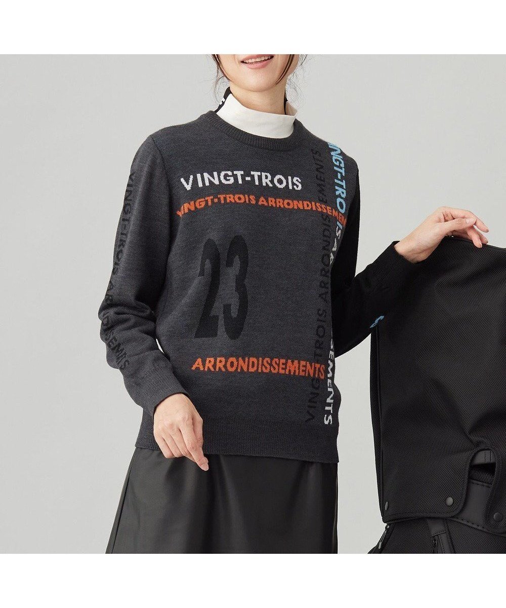 【23区 ゴルフ/NIJYUSANKU GOLF】の【WOMEN】ロゴチェックジャガード クルーネック ニット インテリア・キッズ・メンズ・レディースファッション・服の通販 founy(ファニー) 　ファッション　Fashion　レディースファッション　Fashion for Women　トップス・カットソー　Cut & Sew Tops　ニット　Knit Tops & Sweaters　おすすめ　Recommended / Our Picks　インナー　Innerwear　シンプル　Simple, Minimal　ジャカード／ジャガード　Jacquard, Woven Pattern　セーター　Sweater, Knitwear　フロント　Front, Front Design　ポロシャツ　Polo Shirt, Collared Tee　メンズ　Men's, Menswear　モックネック　Mock Neck, Short Turtleneck　A/W・秋冬　Autumn/Winter　グレー系|ID: prp329100004839876 ipo3291000000035269051