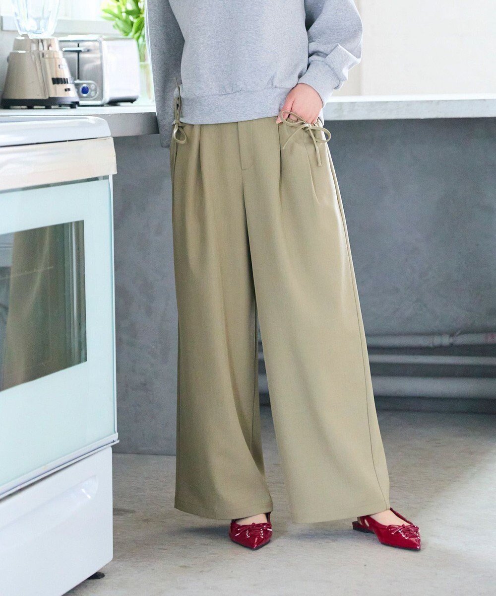 【フェルゥ/Feroux】のリボンディテール セミワイドパンツ インテリア・キッズ・メンズ・レディースファッション・服の通販 founy(ファニー) 　ファッション　Fashion　レディースファッション　Fashion for Women　パンツ　Pants & Trousers　おすすめ　Recommended / Our Picks　ジャケット　Jacket, Outerwear　フェミニン　Feminine, Girly　フロント　Front, Front Design　ベーシック　Basic, Essential　ポケット　Pocket, Pocket Detail　リブニット　Rib Knit, Ribbed Knit　リボン　Ribbon, Bow　カーキ系|ID: prp329100004839961 ipo3291000000035589188