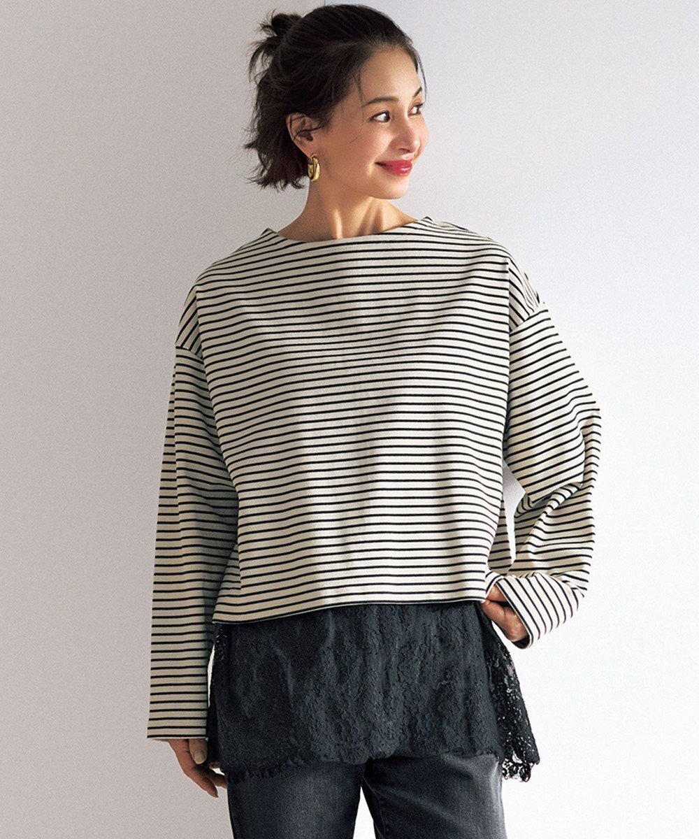 【アンフィーロ 自由区/UNFILO】のドライタッチリブ バックZIP ボーダートップス インテリア・キッズ・メンズ・レディースファッション・服の通販 founy(ファニー) 　ファッション　Fashion　レディースファッション　Fashion for Women　トップス・カットソー　Cut & Sew Tops　シャツ・ブラウス・オフィスカジュアル　Elegant Blouses & Button-Ups　ロングTシャツ・Tシャツ　Longline T-Shirts & Tees　カットソー・ベーシックTシャツ　Cut-and-Sewn Tops / Stretch Tees & Basics　春　Spring　カットソー　Cut and Sewn Top　クロップド　Cropped, Short Length　抗菌　Antibacterial, Bacteria-Resistant　ジップ　Zip, Zipper　スリーブ　Sleeve, Long Sleeve / Short Sleeve　ボーダー　Border, Stripe　リラックス　Relax, Relaxed Fit　ワイド　Wide, Wide Fit　S/S・春夏　SS, Spring/Summer, Warm Season　夏　Summer　エレガント 上品　Elegant　ベージュ×ブラック|ID: prp329100004840196 ipo3291000000036247774