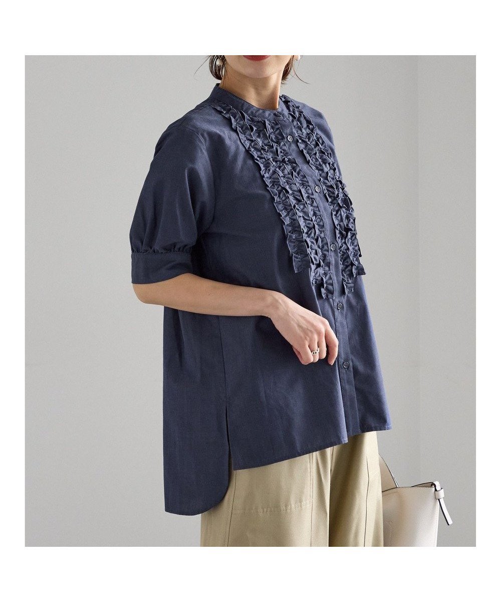 【テチチ/Te chichi】のフロントフリル5分袖ブラウス インテリア・キッズ・メンズ・レディースファッション・服の通販 founy(ファニー) 　ファッション　Fashion　レディースファッション　Fashion for Women　トップス・カットソー　Cut & Sew Tops　シャツ・ブラウス・オフィスカジュアル　Elegant Blouses & Button-Ups　ギャザー　Gathered, Ruffled　フリル　Frill, Ruffle　フロント　Front, Front Design　ヘムライン　Hemline, Bottom Cut　夏　Summer　S/S・春夏　SS, Spring/Summer, Warm Season　A/W・秋冬　Autumn/Winter　ネイビー|ID: prp329100004840322 ipo3291000000036205910