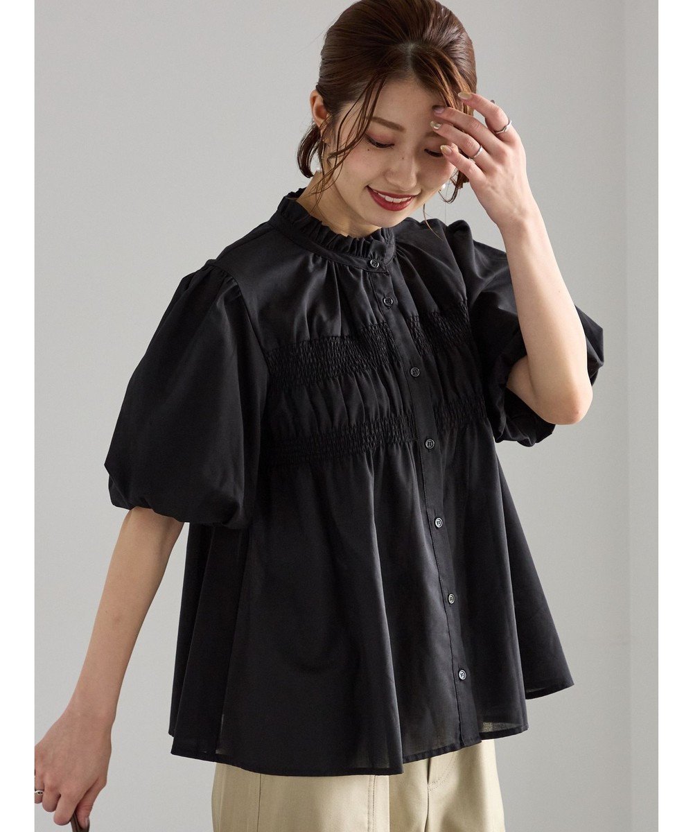 【テチチ/Te chichi】のスタンドフリル5分袖シャーリングブラウス インテリア・キッズ・メンズ・レディースファッション・服の通販 founy(ファニー) 　ファッション　Fashion　レディースファッション　Fashion for Women　トップス・カットソー　Cut & Sew Tops　シャツ・ブラウス・オフィスカジュアル　Elegant Blouses & Button-Ups　シャーリング　Shirring, Ruched　スタンド　Stand Collar, Upright Stand　フォルム　Silhouette, Form　フリル　Frill, Ruffle　夏　Summer　S/S・春夏　SS, Spring/Summer, Warm Season　A/W・秋冬　Autumn/Winter　ブラック|ID: prp329100004840324 ipo3291000000036205959