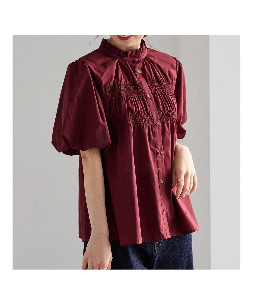 【テチチ/Te chichi】のスタンドフリル5分袖シャーリングブラウス インテリア・キッズ・メンズ・レディースファッション・服の通販 founy(ファニー) 　ファッション　Fashion　レディースファッション　Fashion for Women　トップス・カットソー　Cut & Sew Tops　シャツ・ブラウス・オフィスカジュアル　Elegant Blouses & Button-Ups　シャーリング　Shirring, Ruched　スタンド　Stand Collar, Upright Stand　フォルム　Silhouette, Form　フリル　Frill, Ruffle　夏　Summer　S/S・春夏　SS, Spring/Summer, Warm Season　A/W・秋冬　Autumn/Winter　ボルドー|ID: prp329100004840324 ipo3291000000036205961