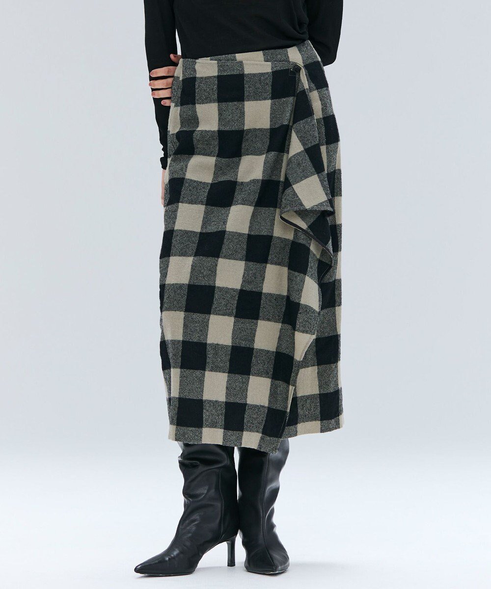 【ベイジ,/BEIGE,】のHOBBS / フェイクレザーポケットウールチェックラップスカート インテリア・キッズ・メンズ・レディースファッション・服の通販 founy(ファニー) 　ファッション　Fashion　レディースファッション　Fashion for Women　スカート　Skirts　オーガンジー　Organza Fabric　セットアップ　Set-Up, Coordinated Outfit　チェック　Check, Plaid, Tartan　フロント　Front, Front Design　ラッフル　Ruffle, Frill　ラップ　Wrap, Wrap Design　ロング　Long, Long-Length　A/W・秋冬　Autumn/Winter　L.Khaki × Black|ID: prp329100004840367 ipo3291000000035803688