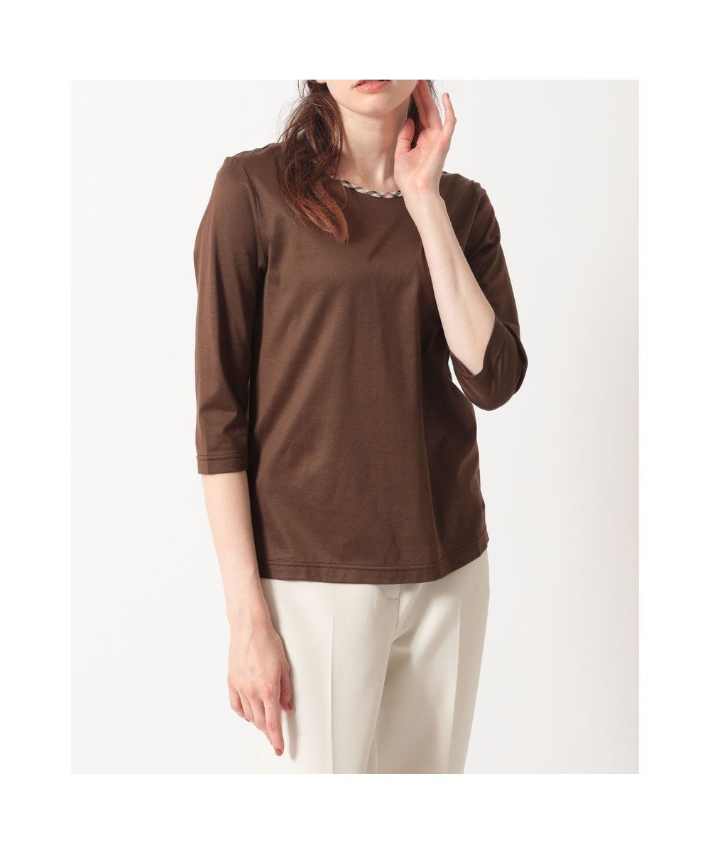 【ダックス/DAKS】のハウスチェックトリム七分袖カットソー インテリア・キッズ・メンズ・レディースファッション・服の通販 founy(ファニー) 　ファッション　Fashion　レディースファッション　Fashion for Women　トップス・カットソー　Cut & Sew Tops　シャツ・ブラウス・オフィスカジュアル　Elegant Blouses & Button-Ups　ロングTシャツ・Tシャツ　Longline T-Shirts & Tees　カットソー・ベーシックTシャツ　Cut-and-Sewn Tops / Stretch Tees & Basics　インナー　Innerwear　カットソー　Cut and Sewn Top　カーディガン　Cardigan, Knitwear　シンプル　Simple, Minimal　ジャケット　Jacket, Outerwear　チェック　Check, Plaid, Tartan　ベーシック　Basic, Essential　エレガント 上品　Elegant　夏　Summer　S/S・春夏　SS, Spring/Summer, Warm Season　A/W・秋冬　Autumn/Winter　ブラウン|ID: prp329100004840411 ipo3291000000035830404