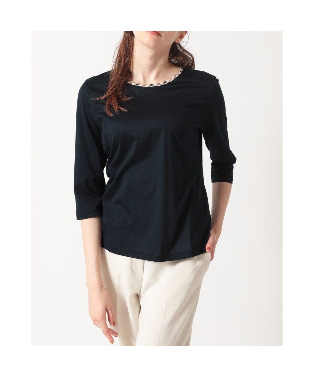 【ダックス/DAKS】のハウスチェックトリム七分袖カットソー インテリア・キッズ・メンズ・レディースファッション・服の通販 founy(ファニー) 　ファッション　Fashion　レディースファッション　Fashion for Women　トップス・カットソー　Cut & Sew Tops　シャツ・ブラウス・オフィスカジュアル　Elegant Blouses & Button-Ups　ロングTシャツ・Tシャツ　Longline T-Shirts & Tees　カットソー・ベーシックTシャツ　Cut-and-Sewn Tops / Stretch Tees & Basics　インナー　Innerwear　カットソー　Cut and Sewn Top　カーディガン　Cardigan, Knitwear　シンプル　Simple, Minimal　ジャケット　Jacket, Outerwear　チェック　Check, Plaid, Tartan　ベーシック　Basic, Essential　エレガント 上品　Elegant　夏　Summer　S/S・春夏　SS, Spring/Summer, Warm Season　A/W・秋冬　Autumn/Winter　ネイビー|ID: prp329100004840411 ipo3291000000035830408