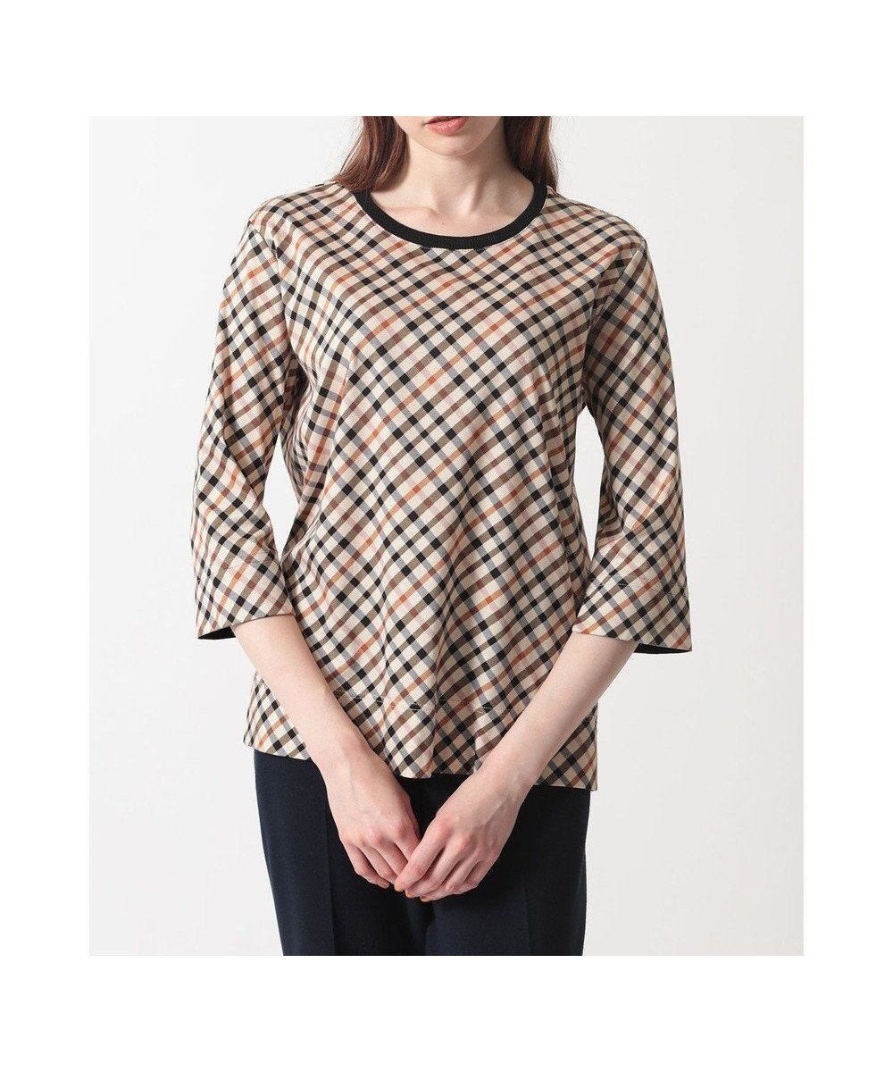 【ダックス/DAKS】のチェックプリント七分袖Tシャツ インテリア・キッズ・メンズ・レディースファッション・服の通販 founy(ファニー) 　ファッション　Fashion　レディースファッション　Fashion for Women　トップス・カットソー　Cut & Sew Tops　シャツ・ブラウス・オフィスカジュアル　Elegant Blouses & Button-Ups　ロングTシャツ・Tシャツ　Longline T-Shirts & Tees　カットソー・ベーシックTシャツ　Cut-and-Sewn Tops / Stretch Tees & Basics　なめらか　Smooth, Silky Texture　カットソー　Cut and Sewn Top　チェック　Check, Plaid, Tartan　バイアス　Bias, Diagonal Cut　プリント　Print, Printed Pattern　夏　Summer　定番　Standard, Basic Item　S/S・春夏　SS, Spring/Summer, Warm Season　A/W・秋冬　Autumn/Winter　透かし　Cut-Out, Lacework　ハウスチェック|ID: prp329100004840412 ipo3291000000035802581
