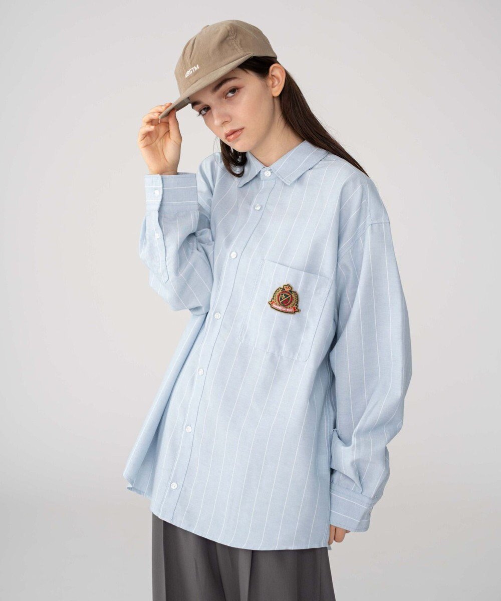 【ウィゴー/WEGO】の【ユニセックス着用ITEM/MLサイズ展開】オックスフォードエンブレムシャツ(LS) インテリア・キッズ・メンズ・レディースファッション・服の通販 founy(ファニー) 　ファッション　Fashion　レディースファッション　Fashion for Women　トップス・カットソー　Cut & Sew Tops　シャツ・ブラウス・オフィスカジュアル　Elegant Blouses & Button-Ups　シンプル　Simple, Minimal　ストライプ　Stripe, Striped Pattern　スマホ　Smartphone, Mobile Device　スラックス　Slacks, Dress Pants　デニム　Denim, Jeans Material　長袖　Long Sleeve, Full Sleeve　フレア　Flare, Flared　モチーフ　Motif, Design Theme　無地　Plain, Solid Color　A/W・秋冬　Autumn/Winter　エレガント 上品　Elegant　ブルーストライプ|ID: prp329100004842528 ipo3291000000035855640