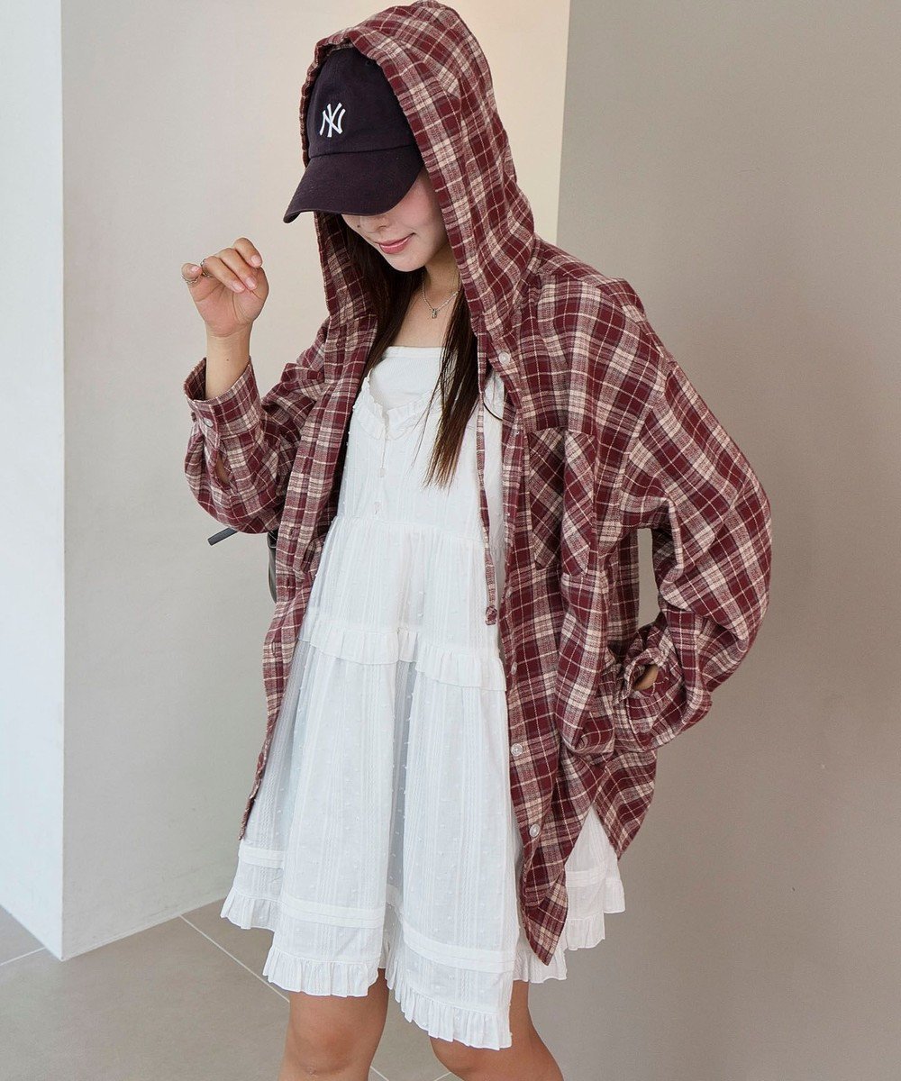 【ウィゴー/WEGO】の【25年秋冬新作】チェックフードBIGネルシャツ インテリア・キッズ・メンズ・レディースファッション・服の通販 founy(ファニー) 　ファッション　Fashion　レディースファッション　Fashion for Women　トップス・カットソー　Cut & Sew Tops　シャツ・ブラウス・オフィスカジュアル　Elegant Blouses & Button-Ups　秋　Autumn　キャミ　Camisole, Cami Top　スウェット / スエット　Sweatshirt, Sweatwear　スマホ　Smartphone, Mobile Device　チェック　Check, Plaid, Tartan　デニム　Denim, Jeans Material　トレンド　Trend, Trending Now　羽織　Haori, Light Jacket　ミニスカート　Mini Skirt, Short Skirt　ルーズ　Loose, Oversized　ワンポイント　One Point, Statement Accent　冬　Winter / This Winter　A/W・秋冬　Autumn/Winter　おすすめ　Recommended / Our Picks　ワイン|ID: prp329100004842541 ipo3291000000035522964