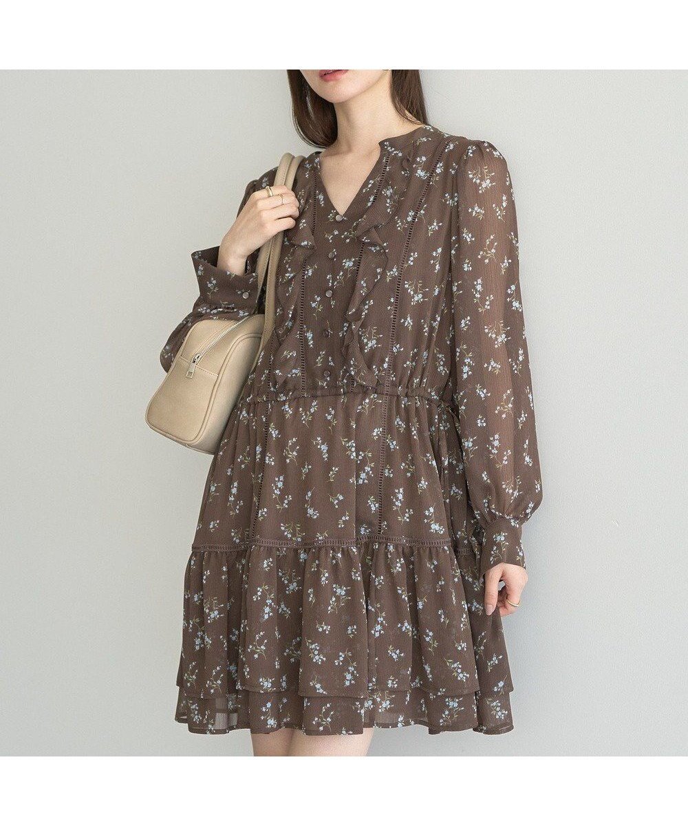 【アースミュージックアンドエコロジー/earth music&ecology】のフラワー楊柳ティアードミニワンピース インテリア・キッズ・メンズ・レディースファッション・服の通販 founy(ファニー) 　ファッション　Fashion　レディースファッション　Fashion for Women　ワンピース　Dresses　シアー　Sheer, See-Through　ジャケット　Jacket, Outerwear　ティアード　Tiered, Tiered Style　フェミニン　Feminine, Girly　フラワー　Flower, Floral　フリル　Frill, Ruffle　プリント　Print, Printed Pattern　ポケット　Pocket, Pocket Detail　ロマンティック　Romantic, Feminine Style　エレガント 上品　Elegant　A/W・秋冬　Autumn/Winter　Brown|ID: prp329100004842637 ipo3291000000036293573